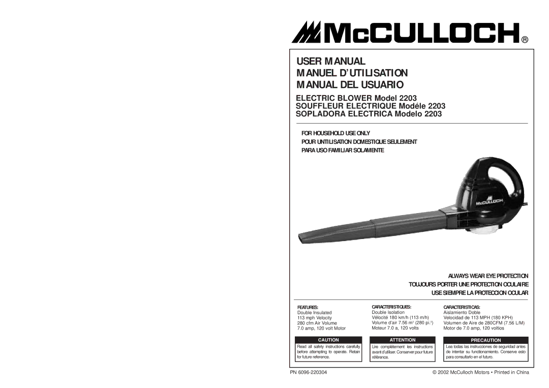 McCulloch 2203 user manual Manuel D’UTILISATION Manual DEL Usuario, Amp, 120 volt Motor 