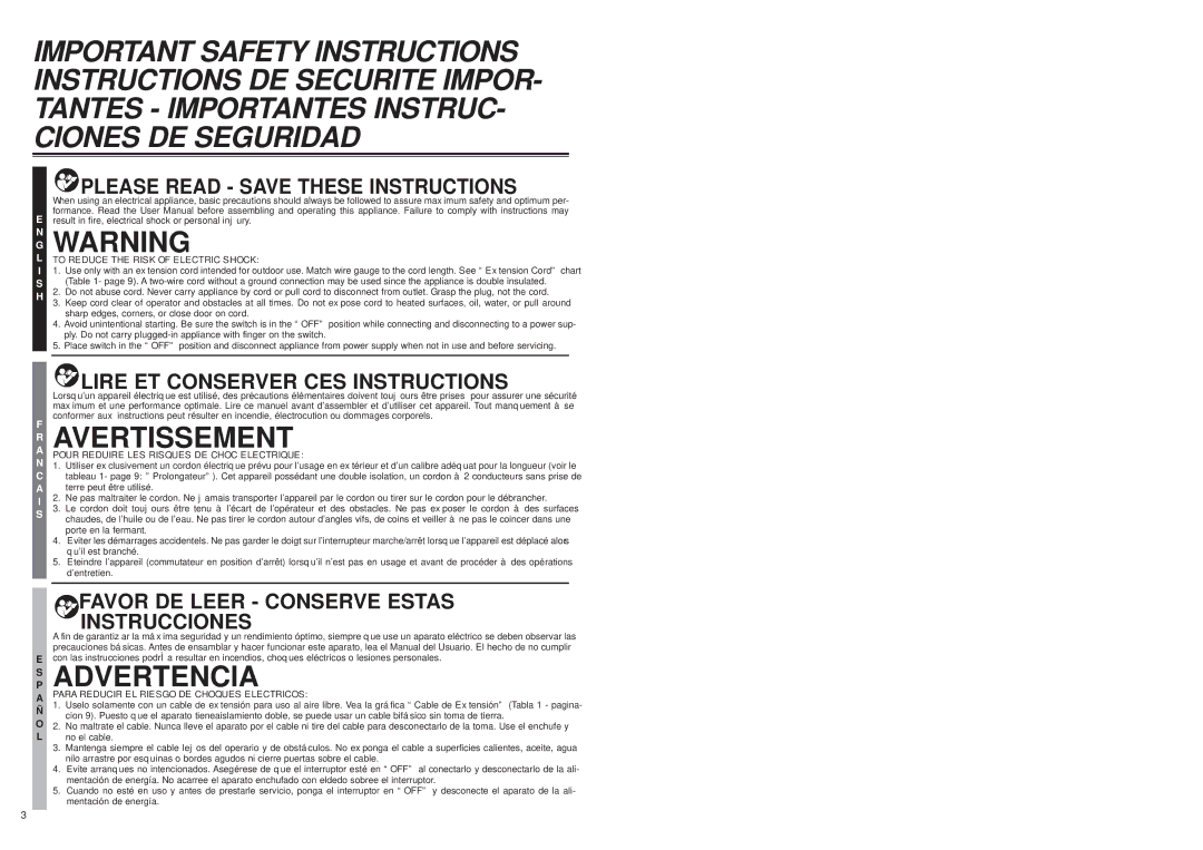 McCulloch 2203 user manual Avertissement, Advertencia, Result in fire, electrical shock or personal injury 