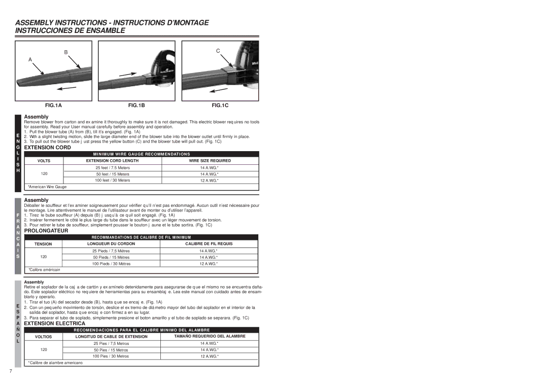 McCulloch 2203 user manual Assembly, Extension Cord, Prolongateur, Extension Electrica 