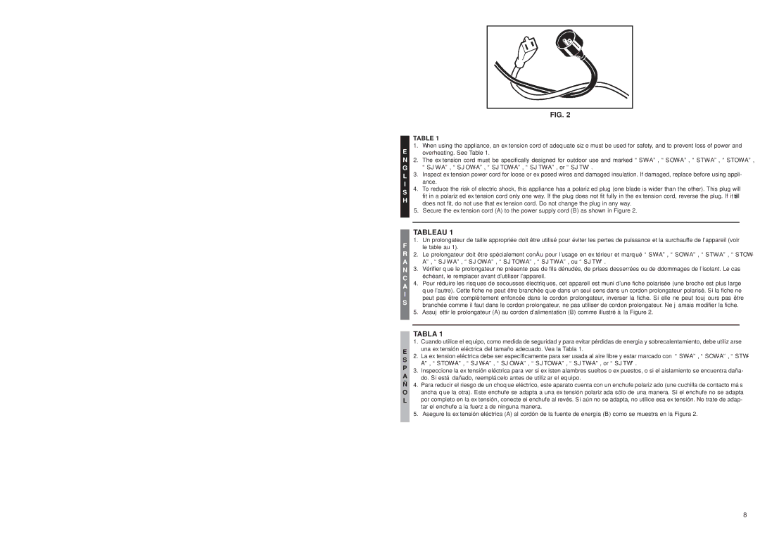 McCulloch 2203 user manual Tableau, Tabla 