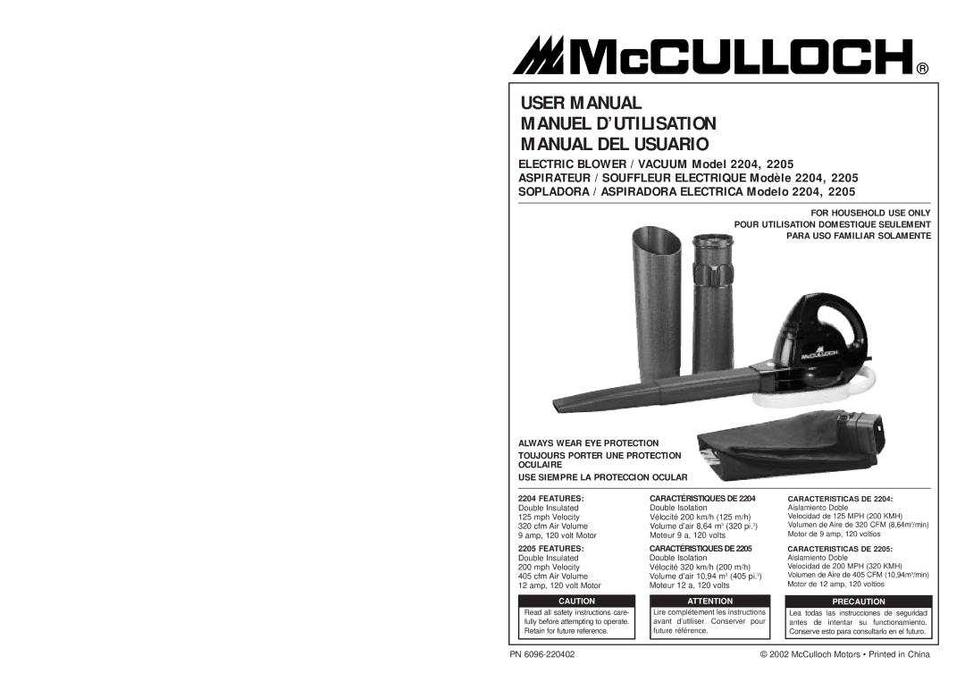 McCulloch 2205, 2204 user manual Mph Velocity Cfm Air Volume Amp, 120 volt Motor, Aislamiento Doble 