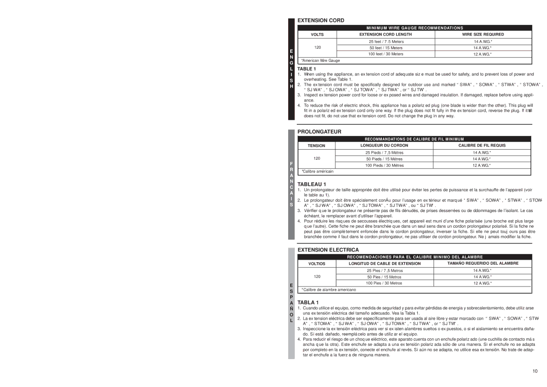 McCulloch 2205, 2204 user manual Extension Cord, Prolongateur, Tableau, Tabla 