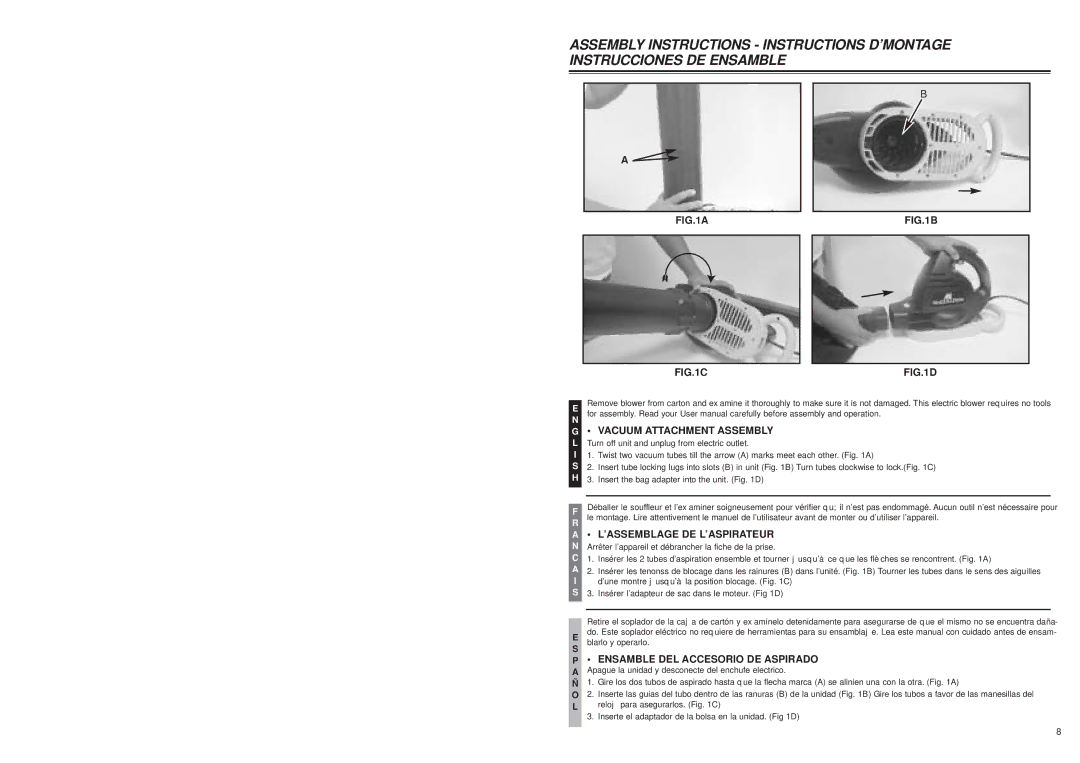 McCulloch 2205, 2204 user manual Vacuum Attachment Assembly, ’Assemblage De L’Aspirateur, Ensamble DEL Accesorio DE Aspirado 