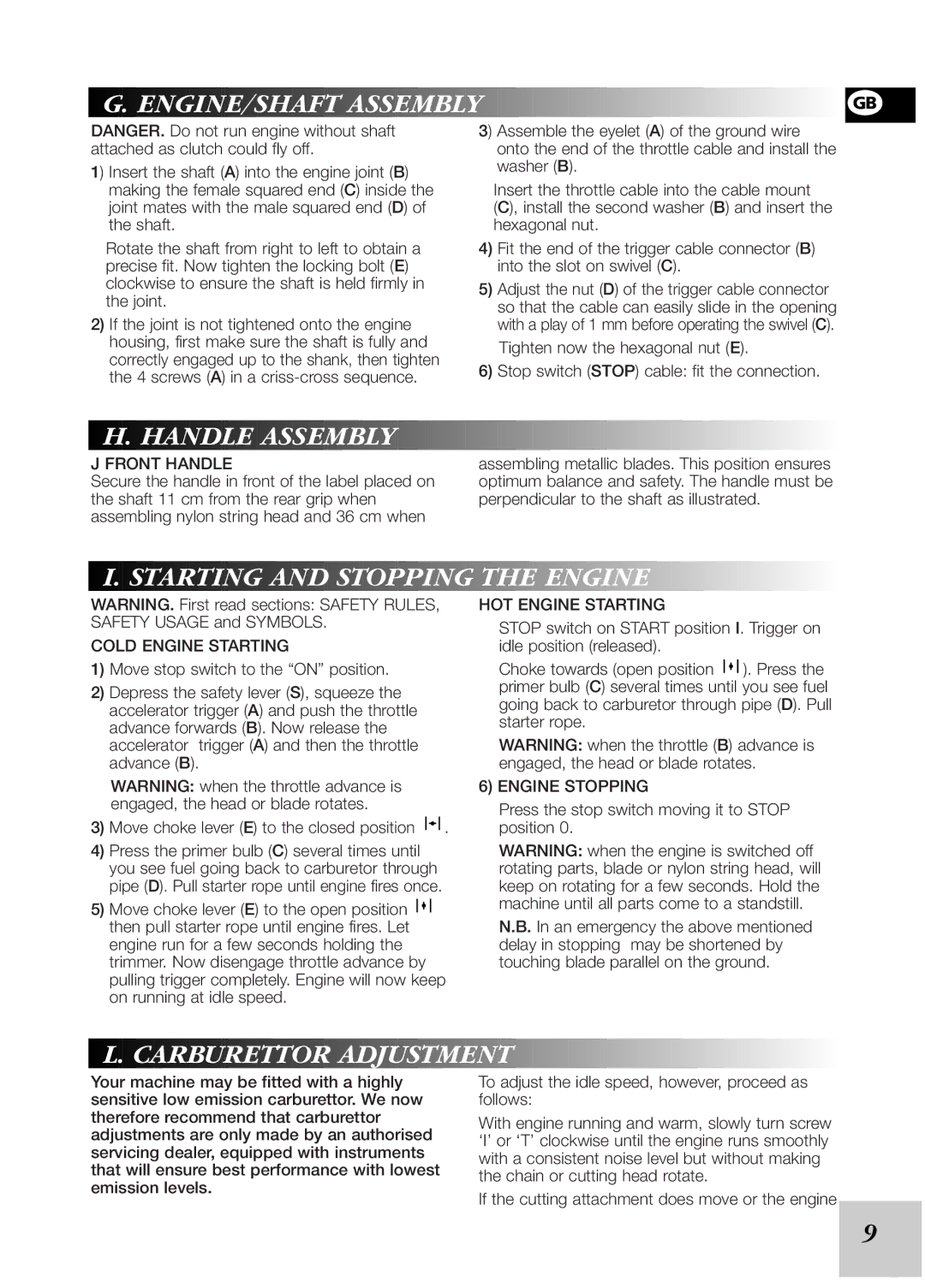 McCulloch 246/25 cc, 249/29 cc instruction manual Handle Assembly, Starting and Stopping the Engine, Carburettor Adjustment 