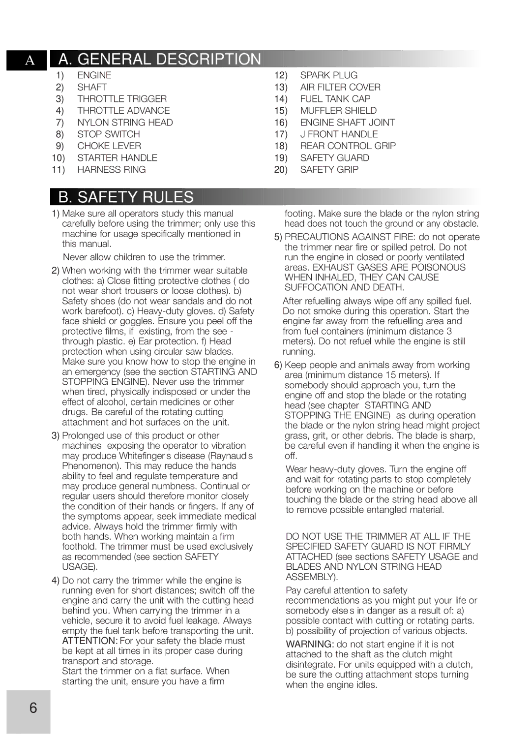 McCulloch 249/29 cc, 246/25 cc instruction manual General Description, Safety Rules, Blades and Nylon String Head Assembly 