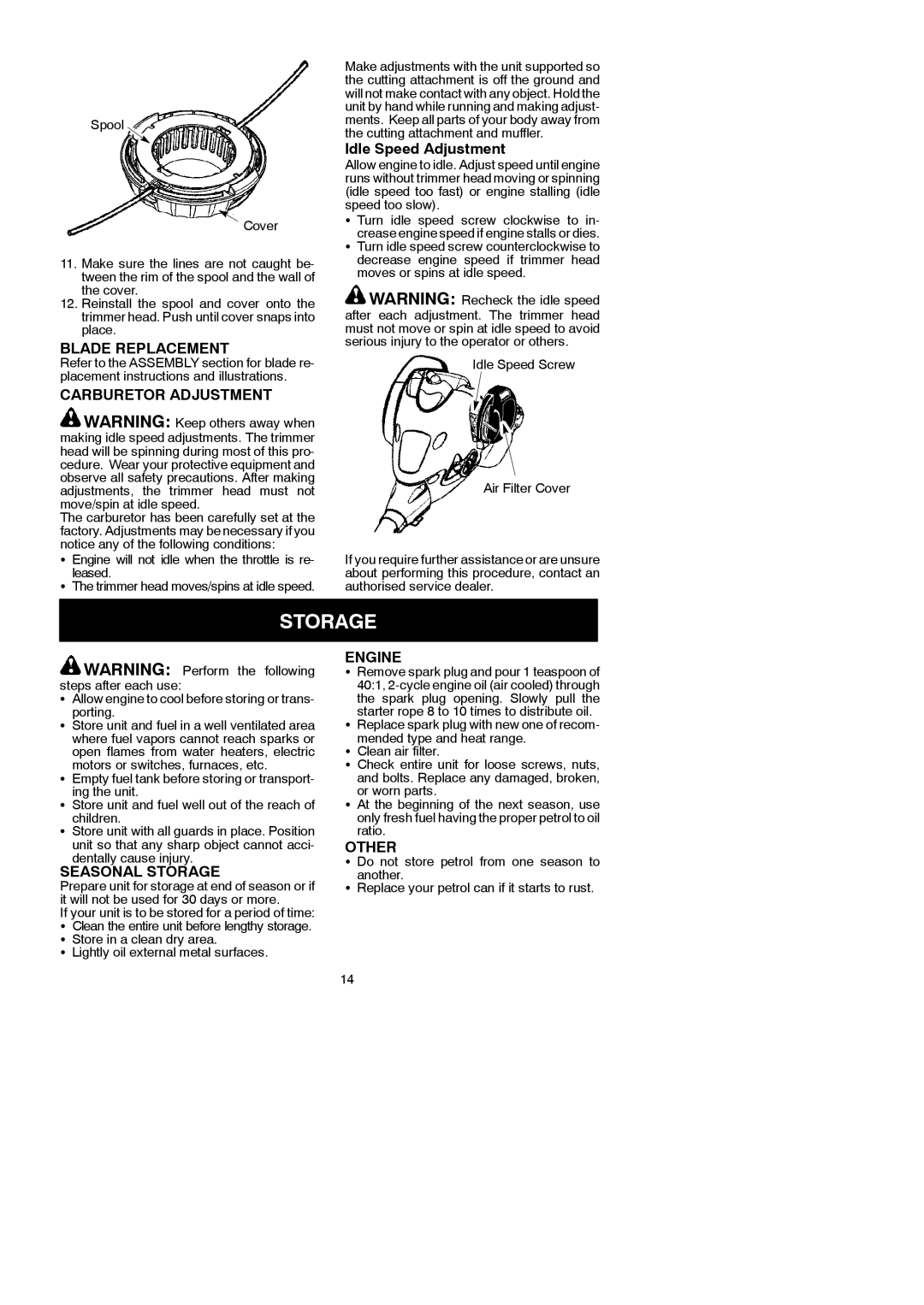 McCulloch 250 B instruction manual Storage 