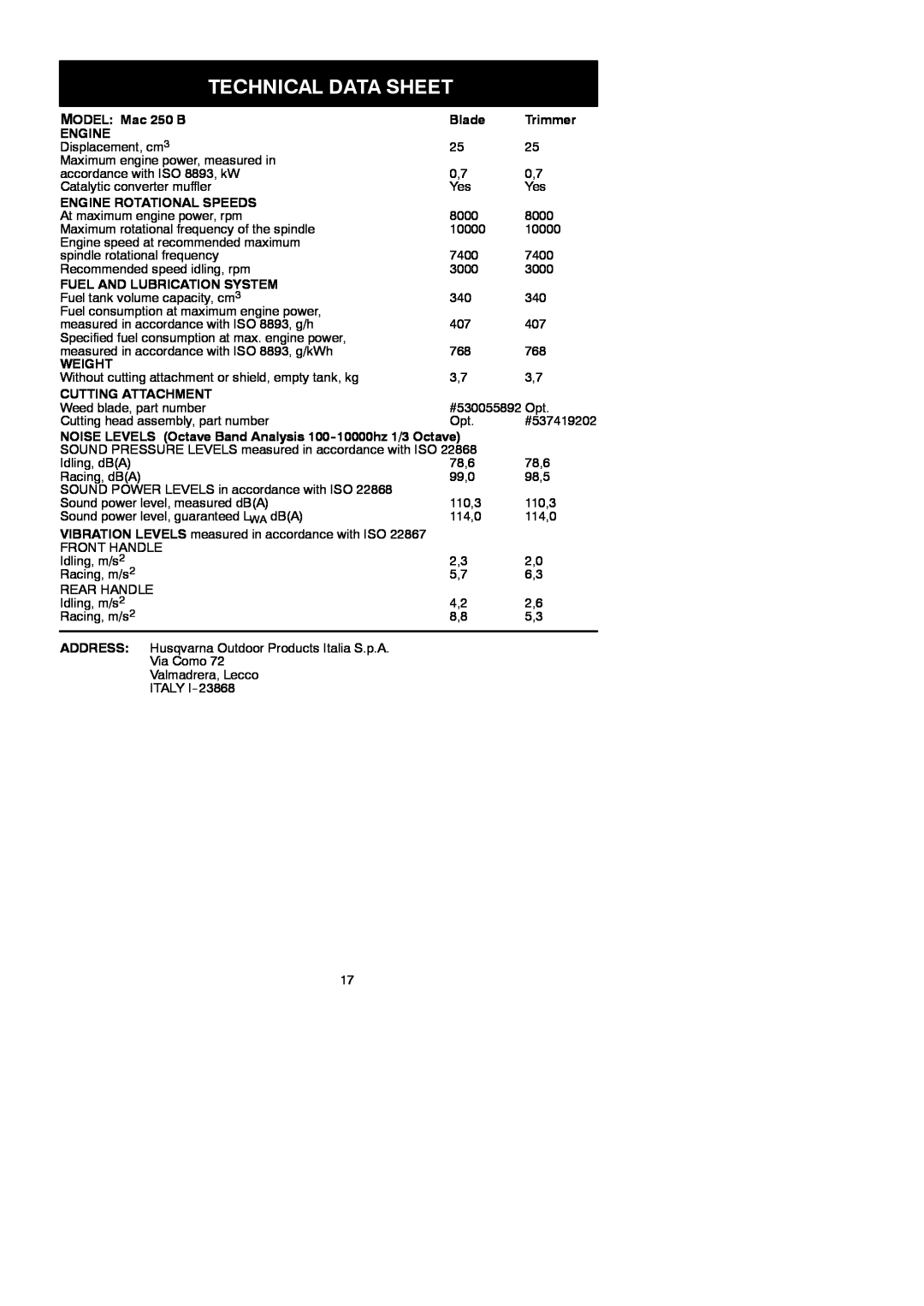 McCulloch Technical Data Sheet, Engine Rotational Speeds, Fuel And Lubrication System, Weight, MODEL Mac 250 B 