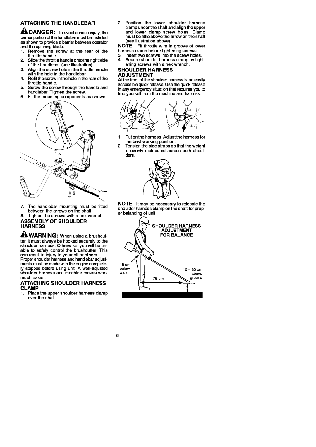 McCulloch 250 B instruction manual Attaching The Handlebar, Shoulder Harness Adjustment, Assembly Of Shoulder Harness 
