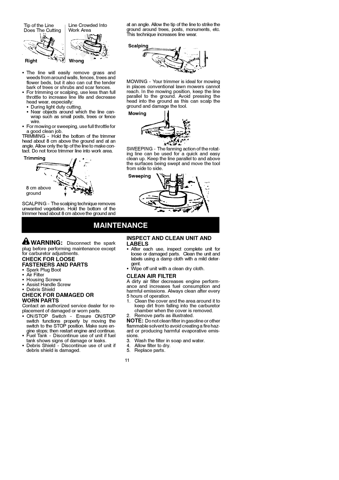 McCulloch 250CXL Maintenance, Check for Loose Fasteners and Parts, Check for Damaged or Worn Parts, Clean AIR Filter 