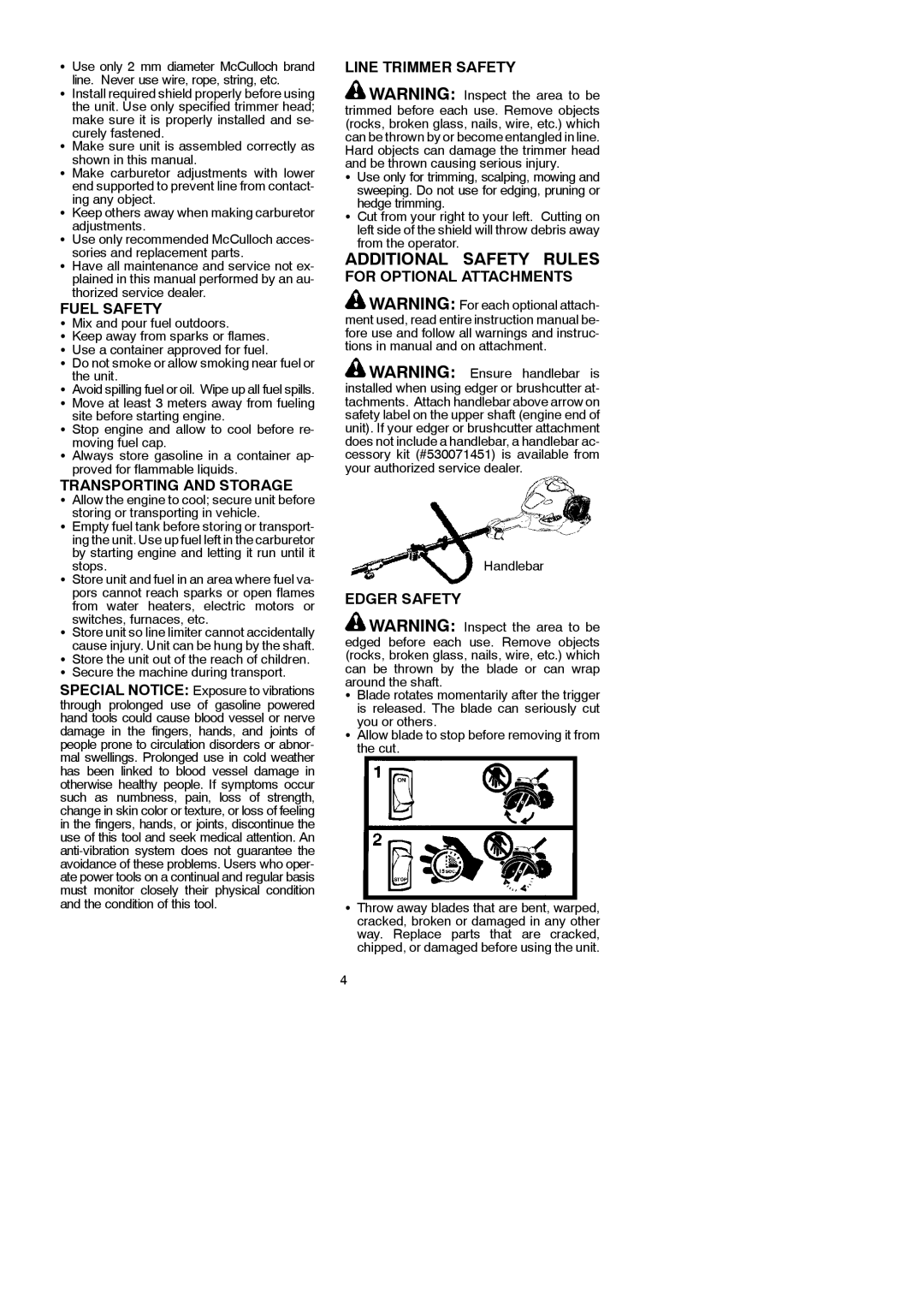McCulloch 250CXL Fuel Safety, Transporting and Storage, Line Trimmer Safety, For Optional Attachments, Edger Safety 
