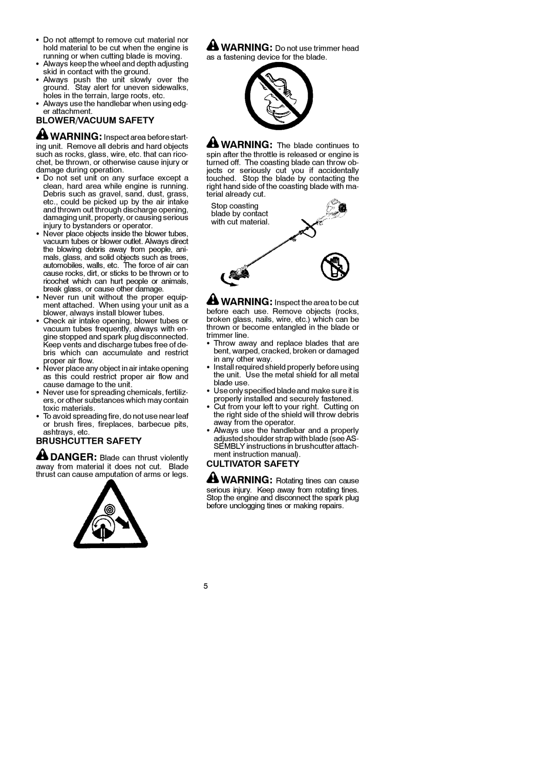 McCulloch 250CXL instruction manual BLOWER/VACUUM Safety, Brushcutter Safety, Cultivator Safety 