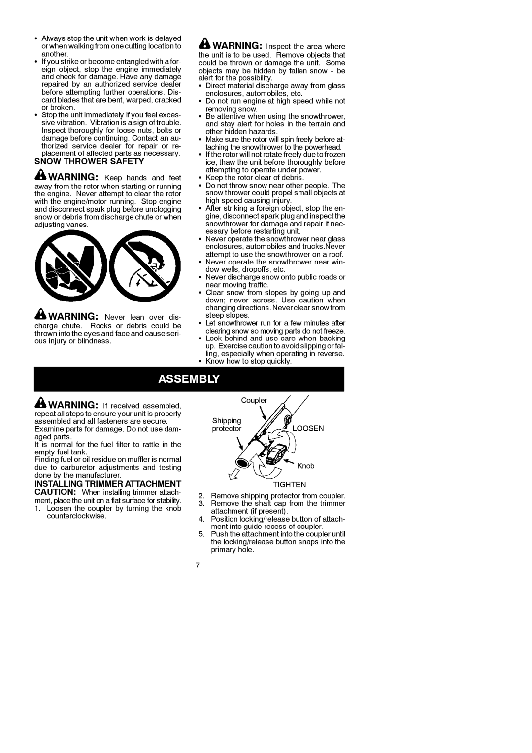 McCulloch 250CXL instruction manual Assembly, Snow Thrower Safety, Another, Know how to stop quickly 