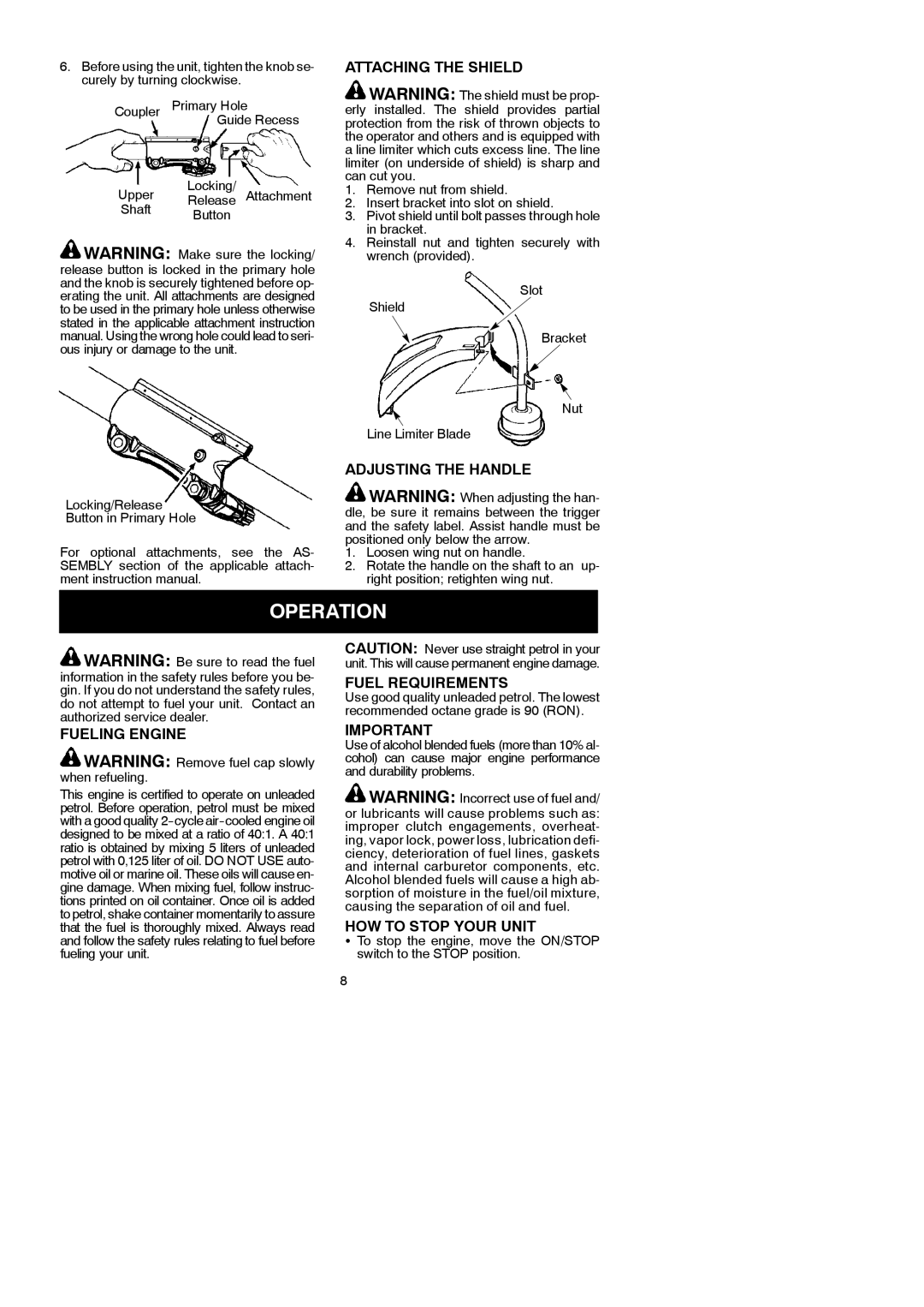 McCulloch 250CXL instruction manual Operation 