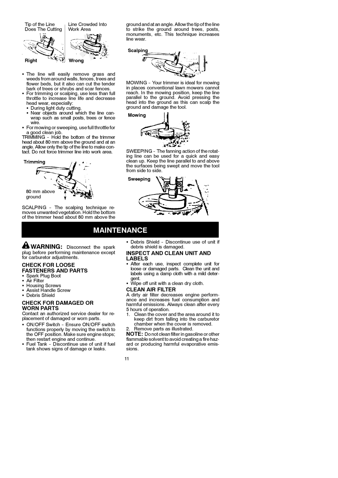 McCulloch 281 Maintenance, Check for Loose Fasteners and Parts, Check for Damaged or Worn Parts, Clean AIR Filter 