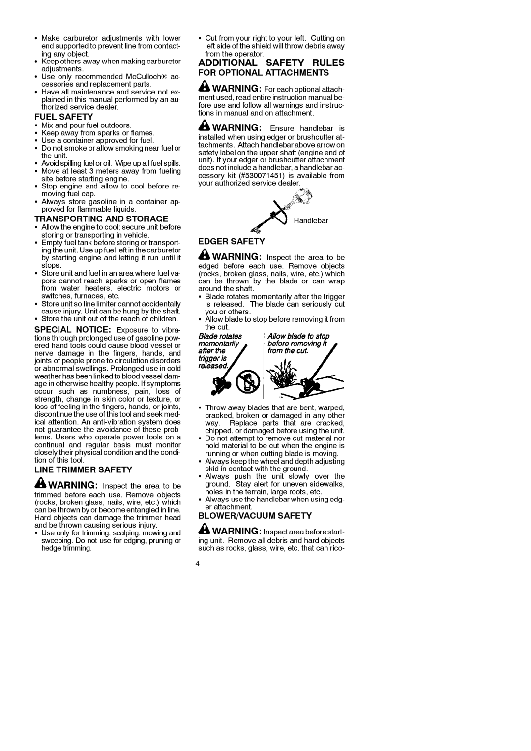 McCulloch 281 Fuel Safety, Transporting and Storage, Line Trimmer Safety, For Optional Attachments, Edger Safety 