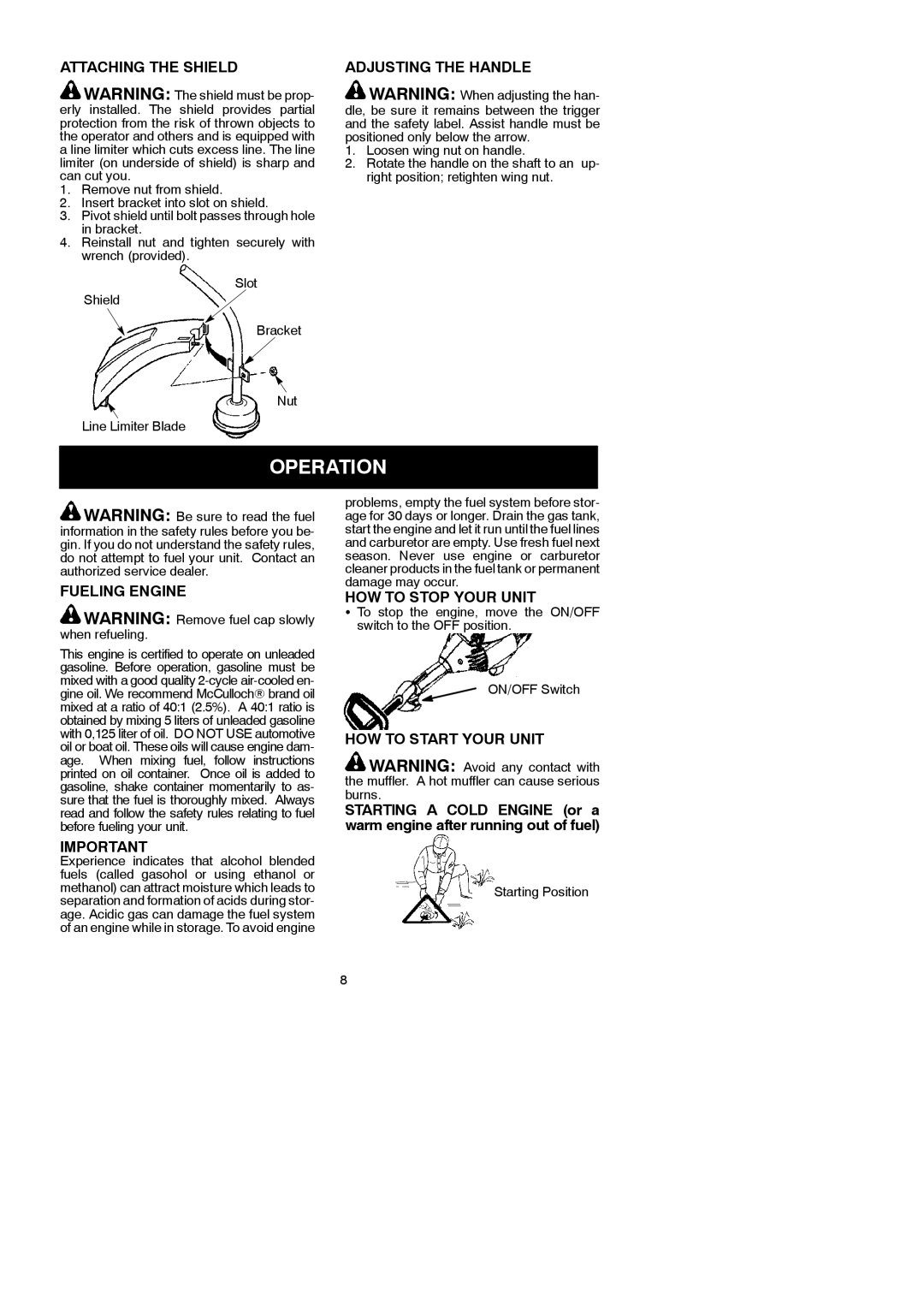 McCulloch 281 instruction manual Operation 