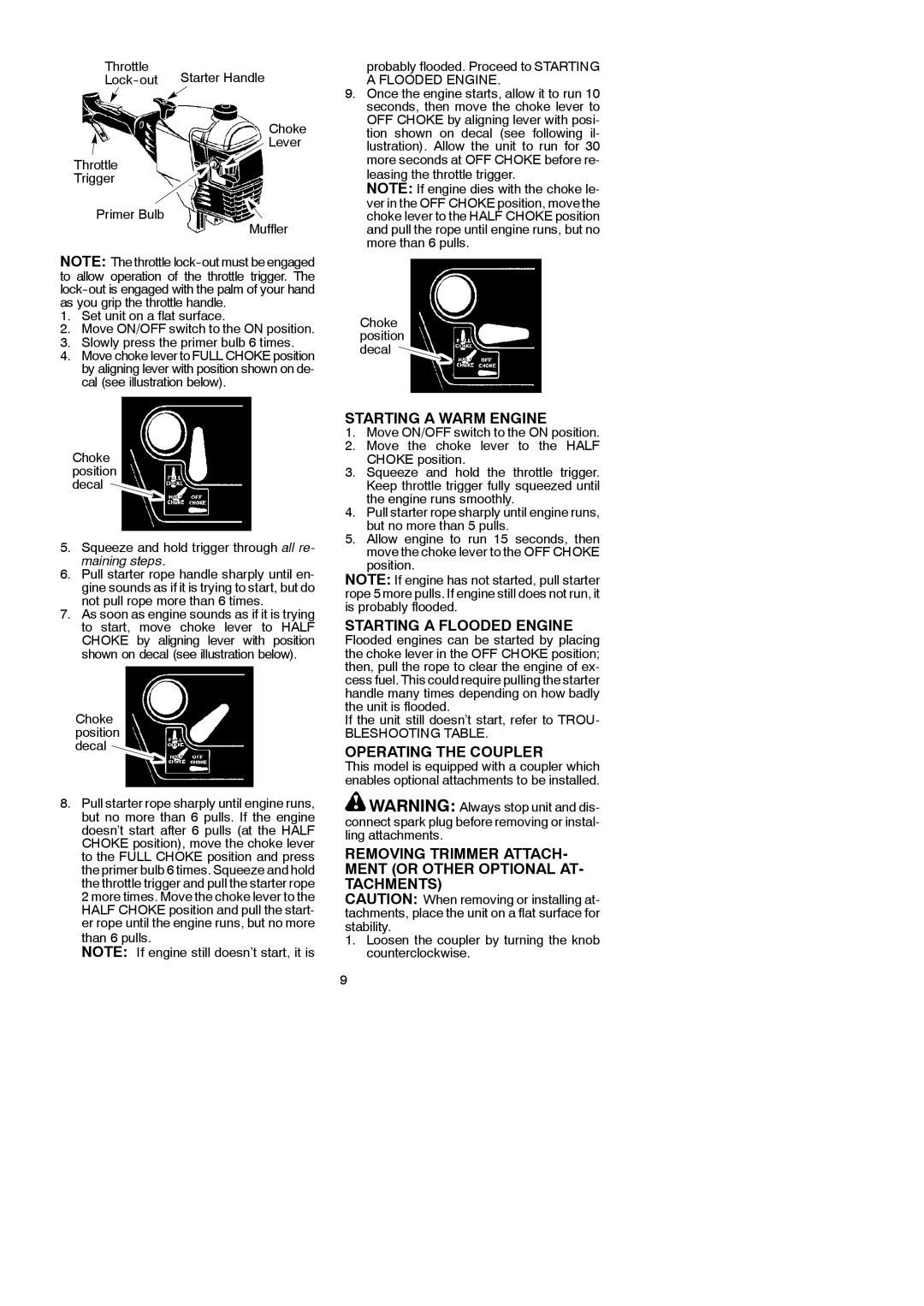 McCulloch 281 instruction manual Starting a Warm Engine, Starting a Flooded Engine, Operating the Coupler 