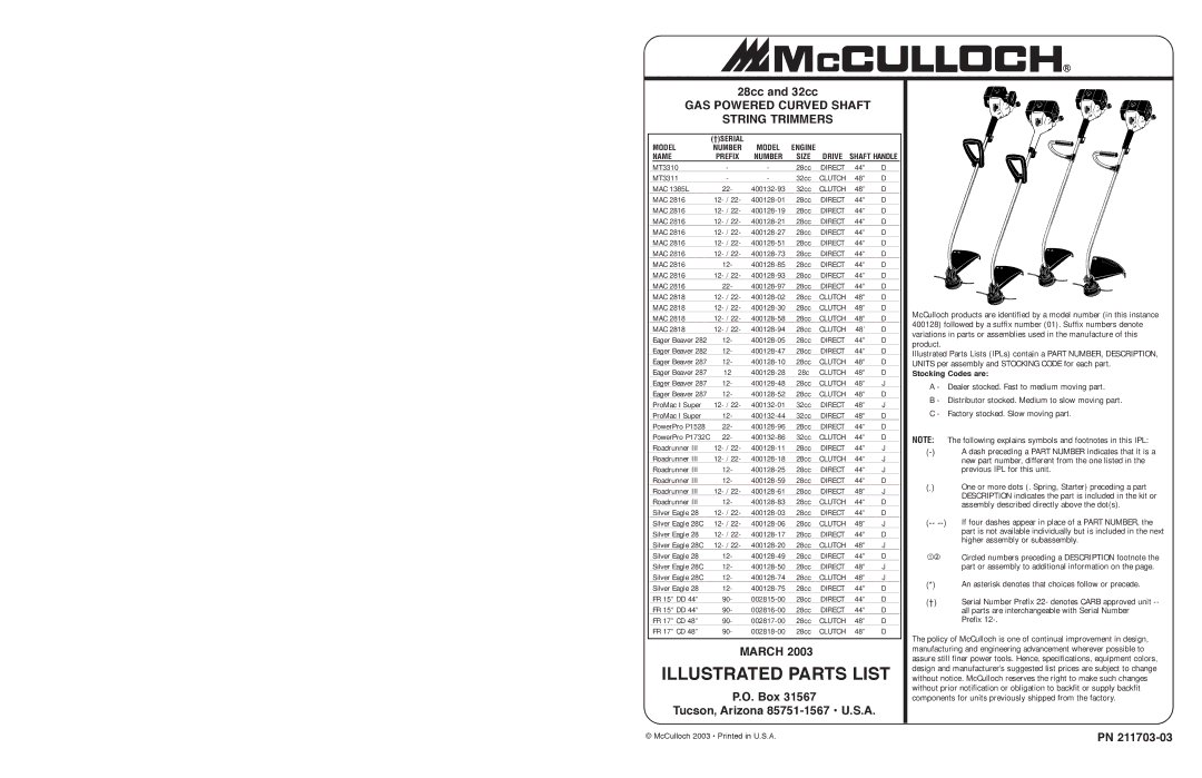 McCulloch 32cc, 28cc specifications Illustrated Parts List, GAS Powered Curved Shaft String Trimmers 