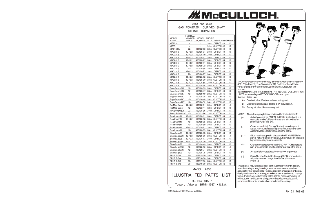 McCulloch 28cc, 32cc specifications Manufacturing Sales Service, Torque Specifications, Engine Specifications 