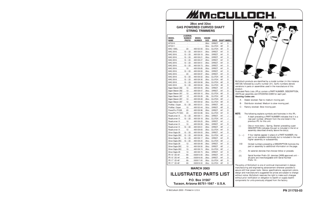 McCulloch specifications Illustrated Parts List, 28cc and 32cc GAS POWERED CURVED SHAFT STRING TRIMMERS, March, Model 