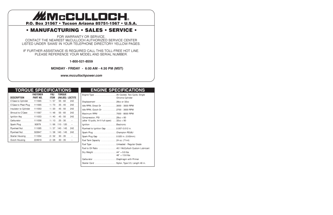 McCulloch 28cc Manufacturing Sales Service, Torque Specifications, Engine Specifications, For Warranty Or Service, In/Lbs 