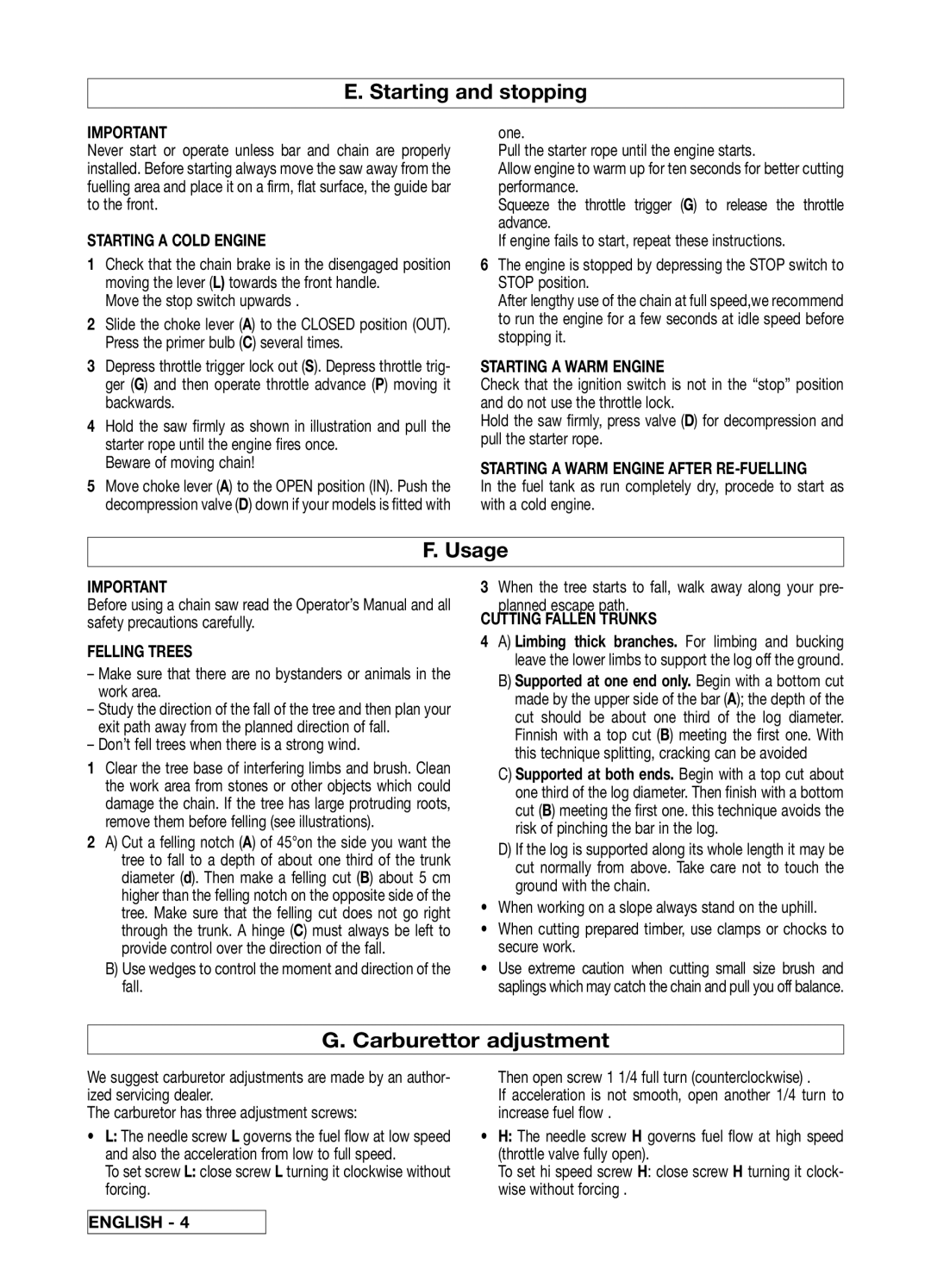 McCulloch 33 manual Starting and stopping, Usage, Carburettor adjustment 