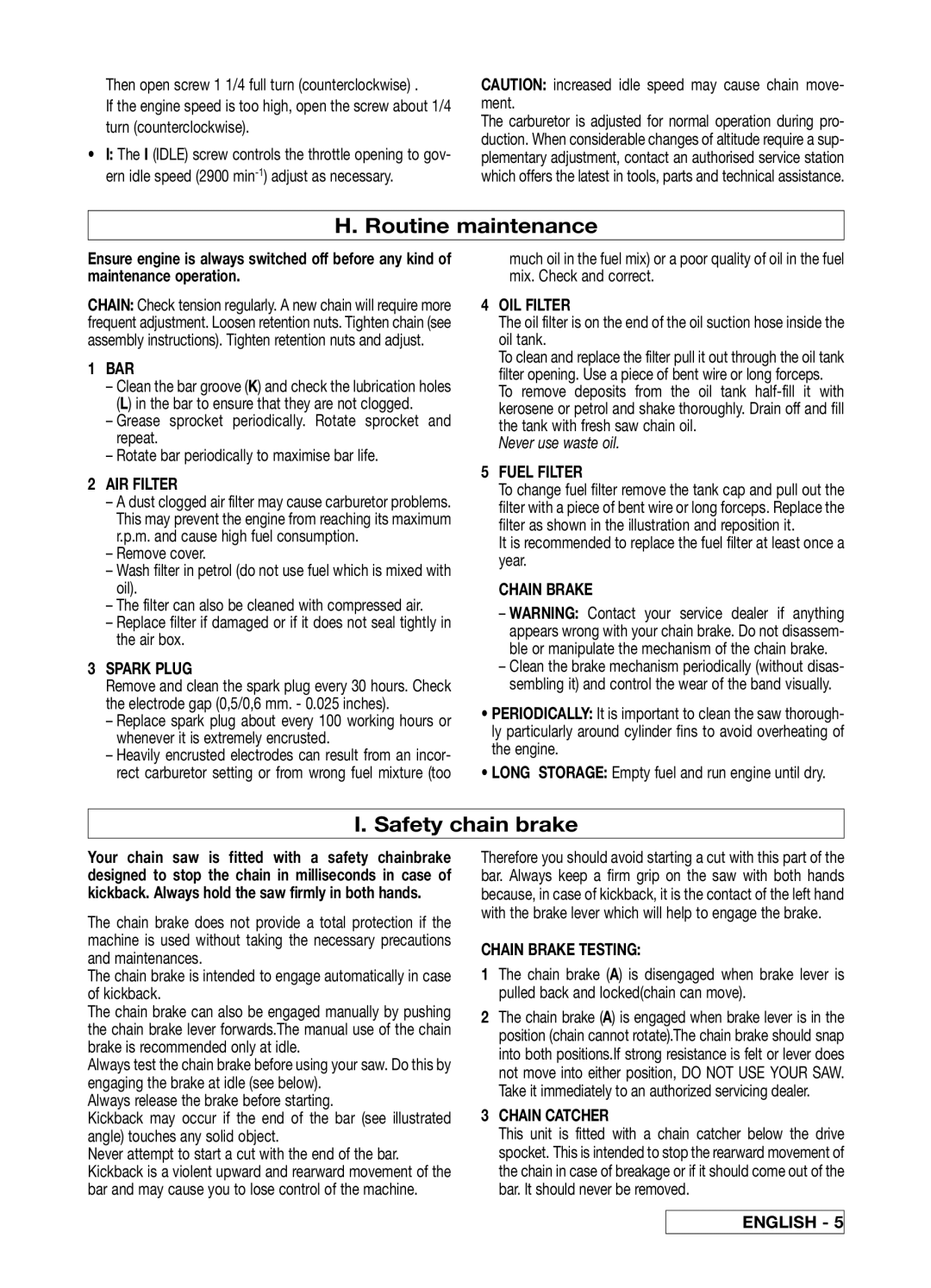 McCulloch 33 manual Routine maintenance, Safety chain brake 