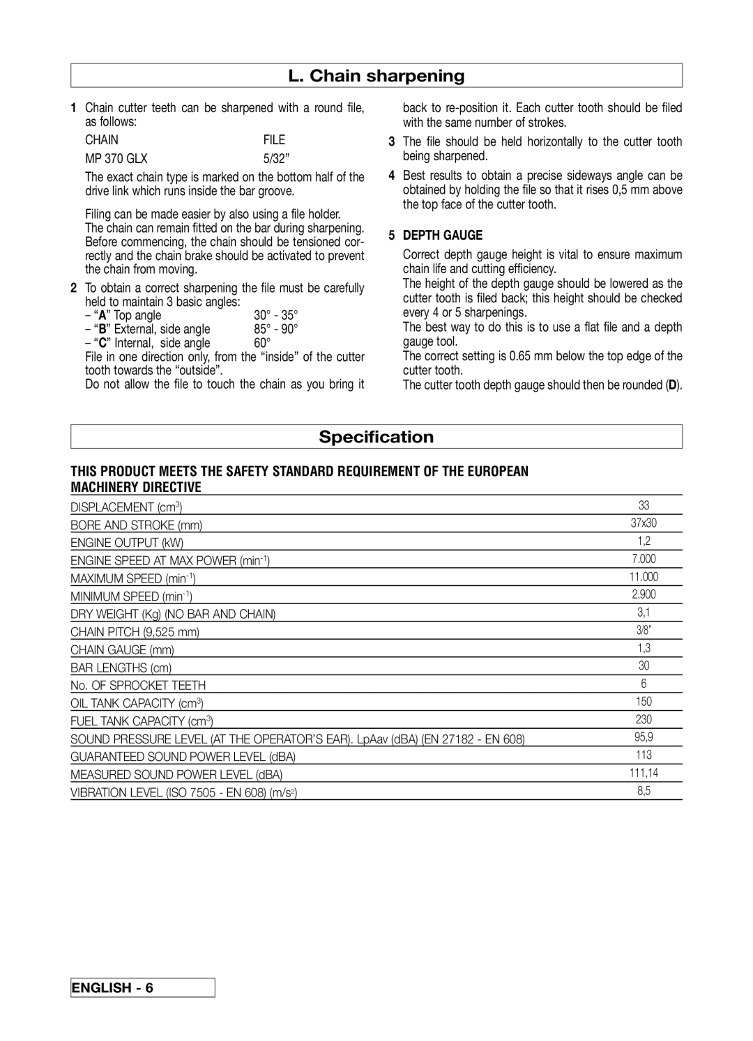 McCulloch 33 manual Chain sharpening, Specification, MP 370 GLX, Depth Gauge 
