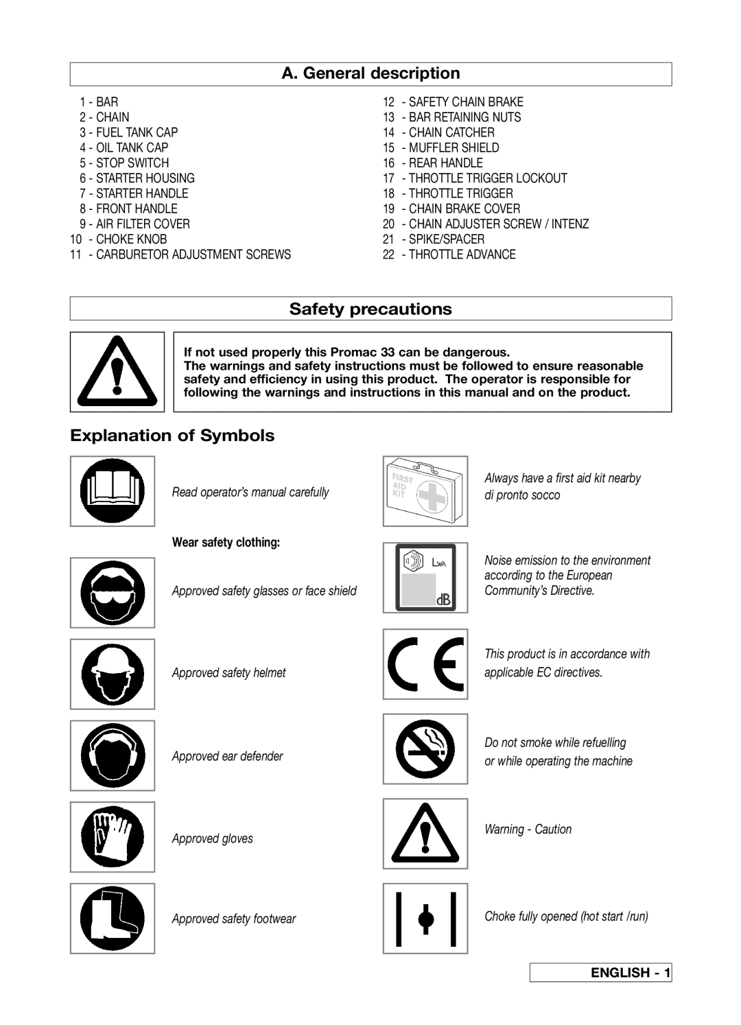 McCulloch 33 manual General description, Safety precautions, Explanation of Symbols, English 