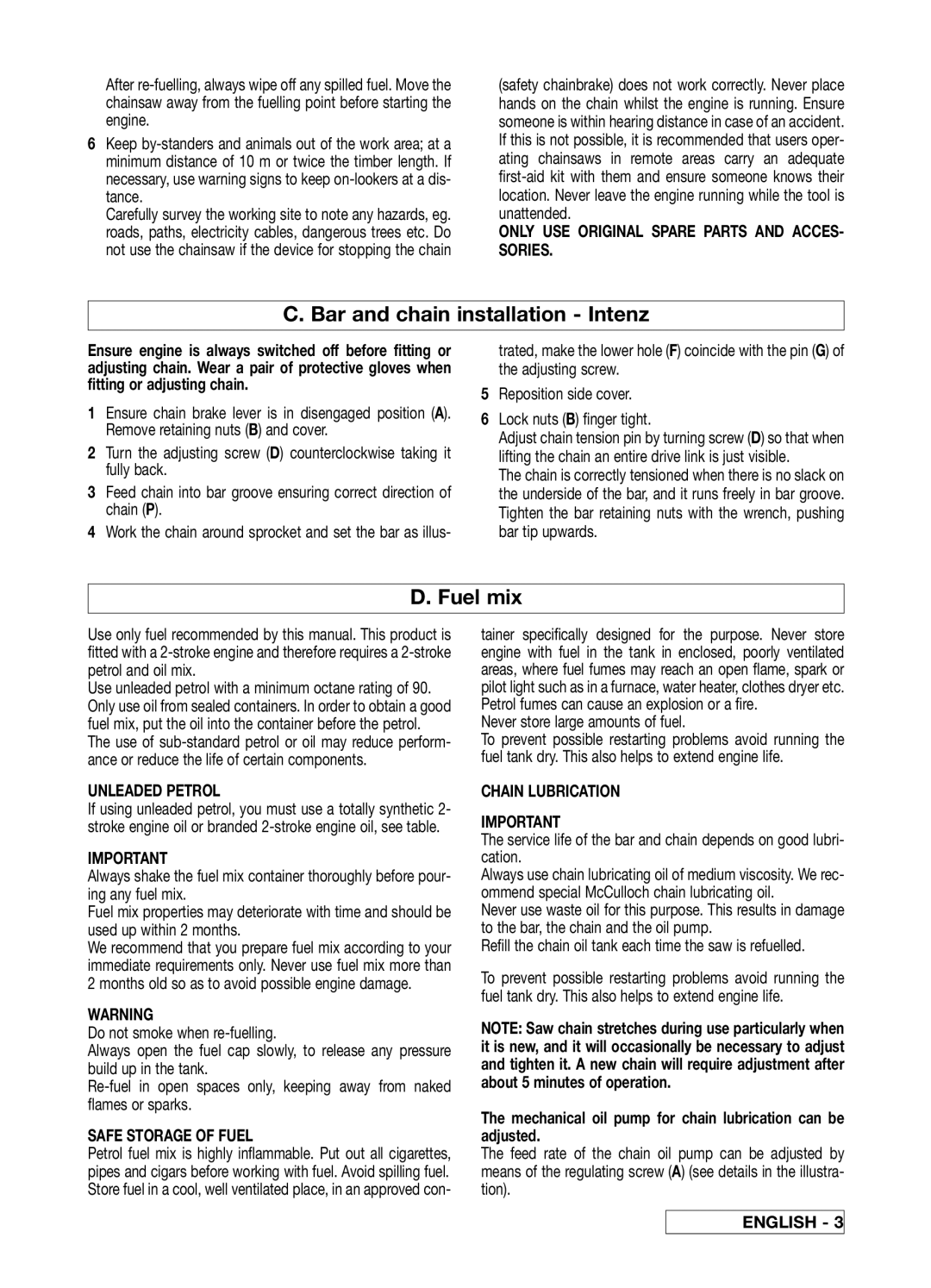McCulloch 33 manual Bar and chain installation Intenz, Fuel mix 