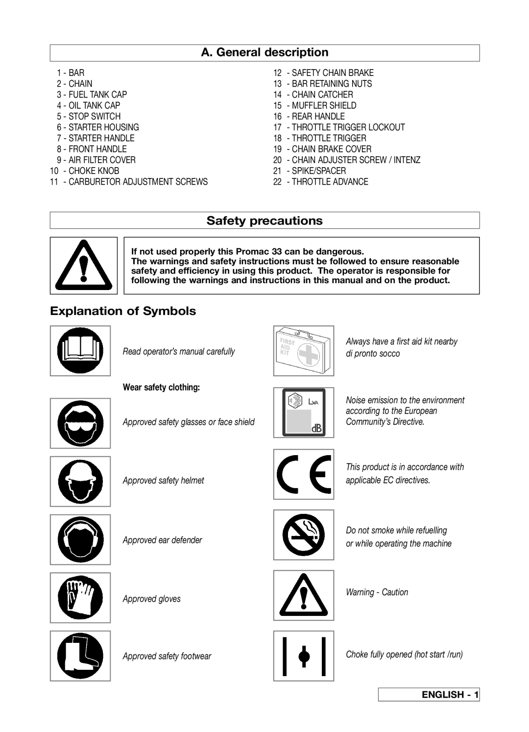 McCulloch 33 A. General description, Safety precautions, Explanation of Symbols, Read operator’s manual carefully, English 