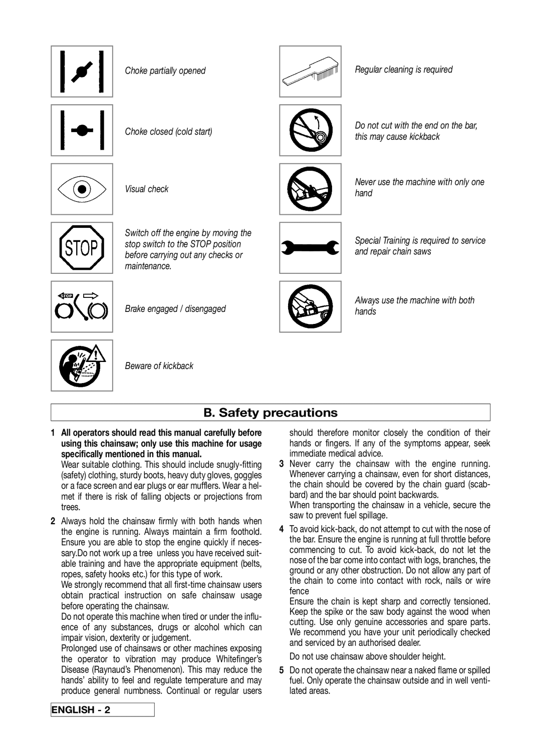 McCulloch 33 manual B. Safety precautions, Choke partially opened Choke closed cold start Visual check, English 