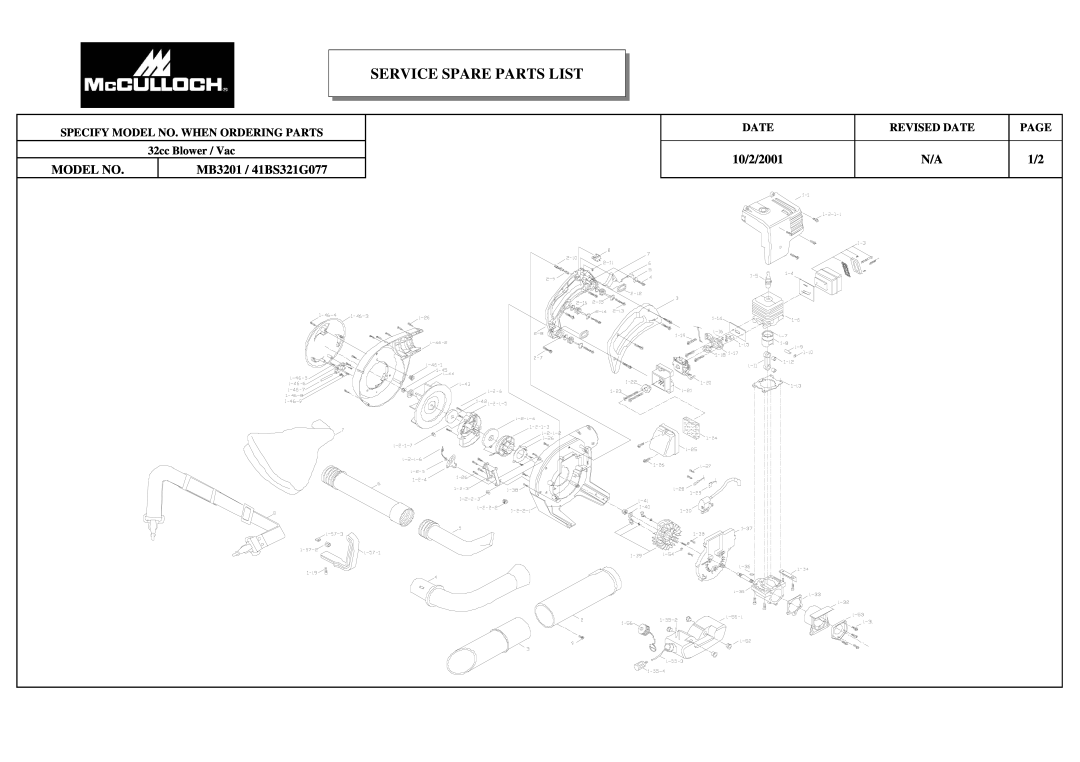 McCulloch manual Service Spare Parts List, 10/2/2001, Model No, MB3201 / 41BS321G077, Revised Date, Page 