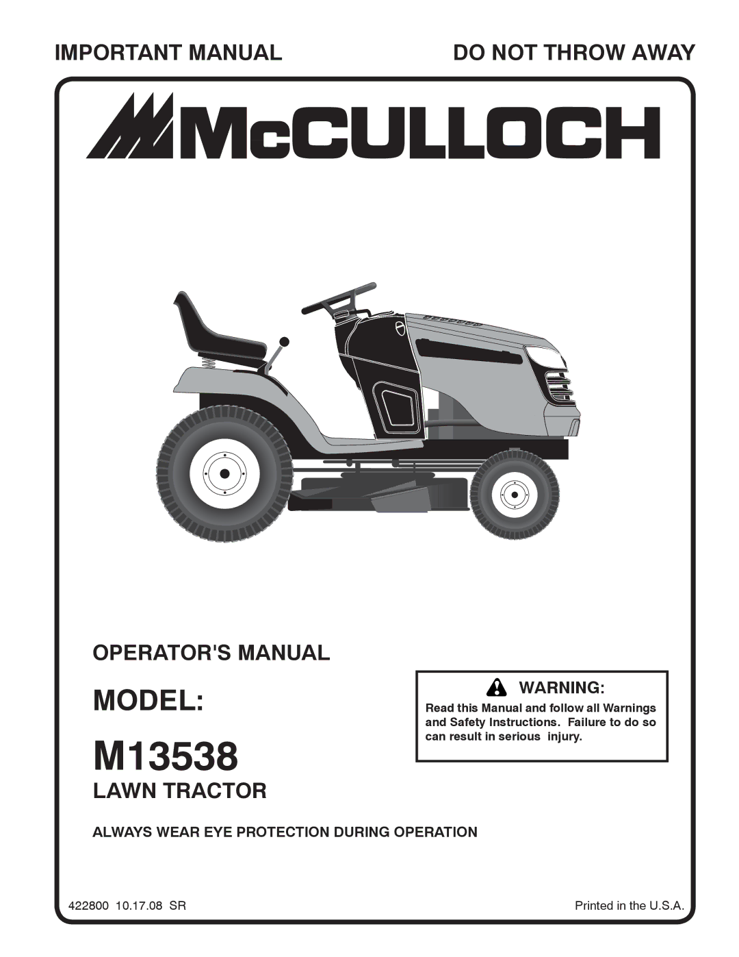 McCulloch 422800 manual M13538, Always Wear EYE Protection During Operation 