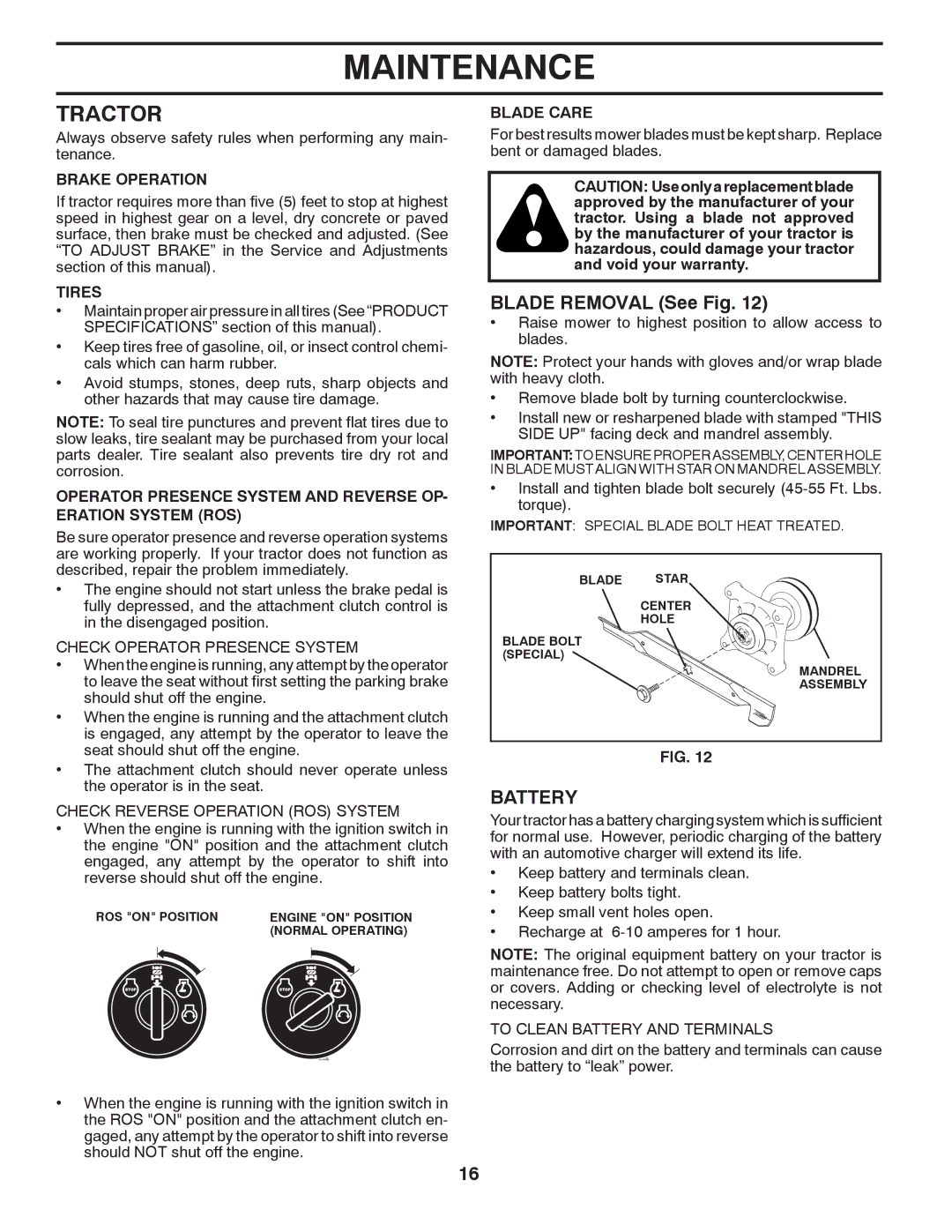 McCulloch 422800 manual Tractor, Blade Removal See Fig, Battery 