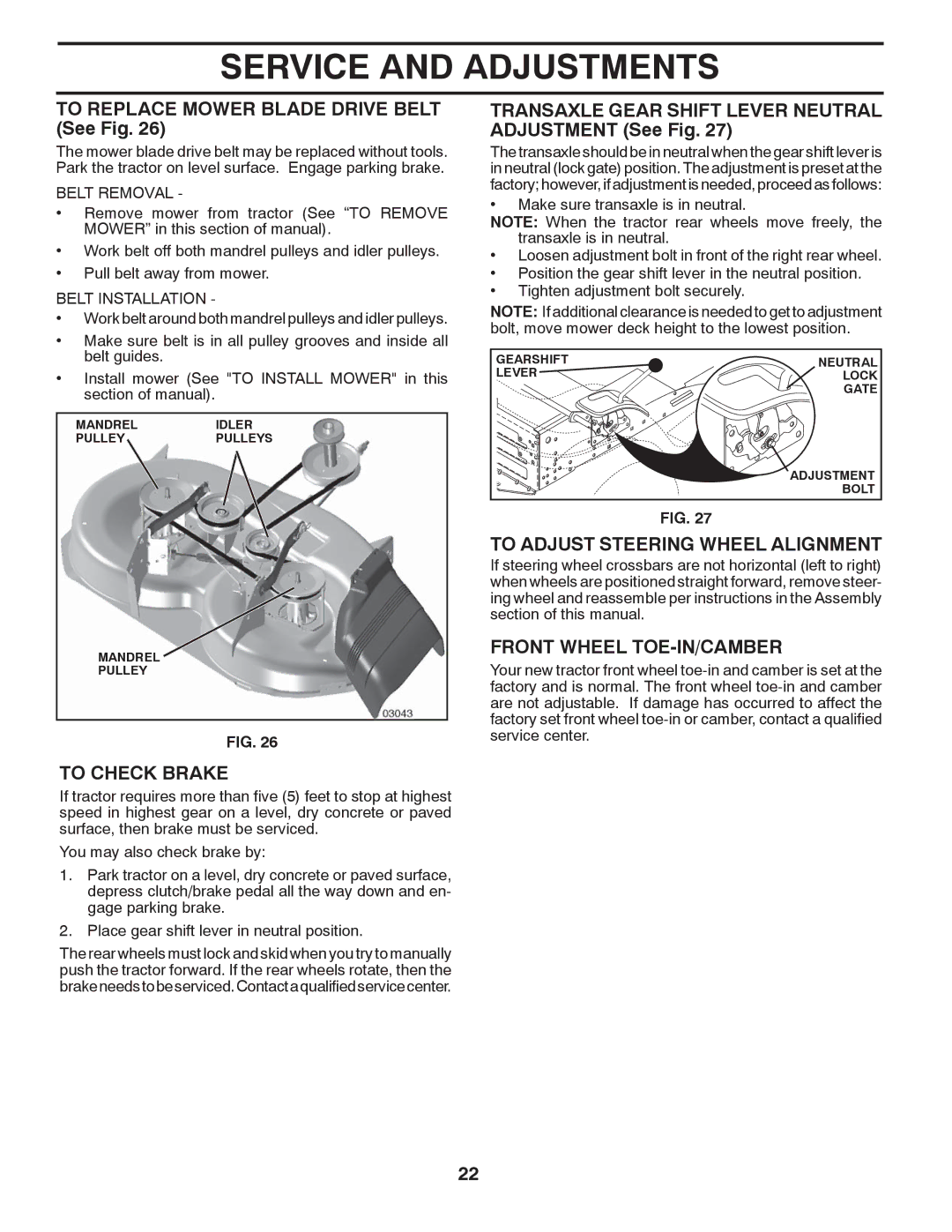 McCulloch 422800 manual To Replace Mower Blade Drive Belt See Fig, To Check Brake, To Adjust Steering Wheel Alignment 