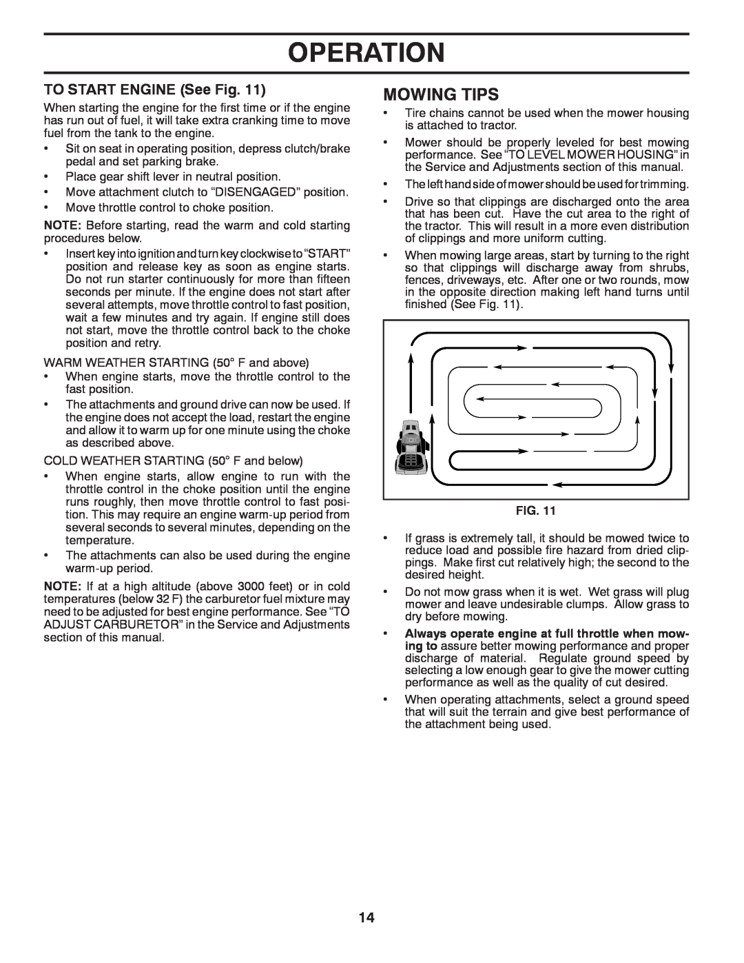 McCulloch 422800 manual Mowing Tips, TO START ENGINE See Fig, Operation 