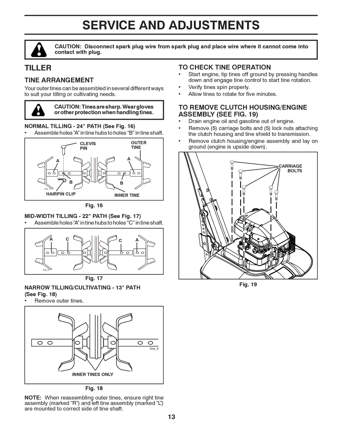 McCulloch MC550, 433691, 96083000300 manual Service and Adjustments, Tiller, Tine Arrangement, To Check Tine Operation 