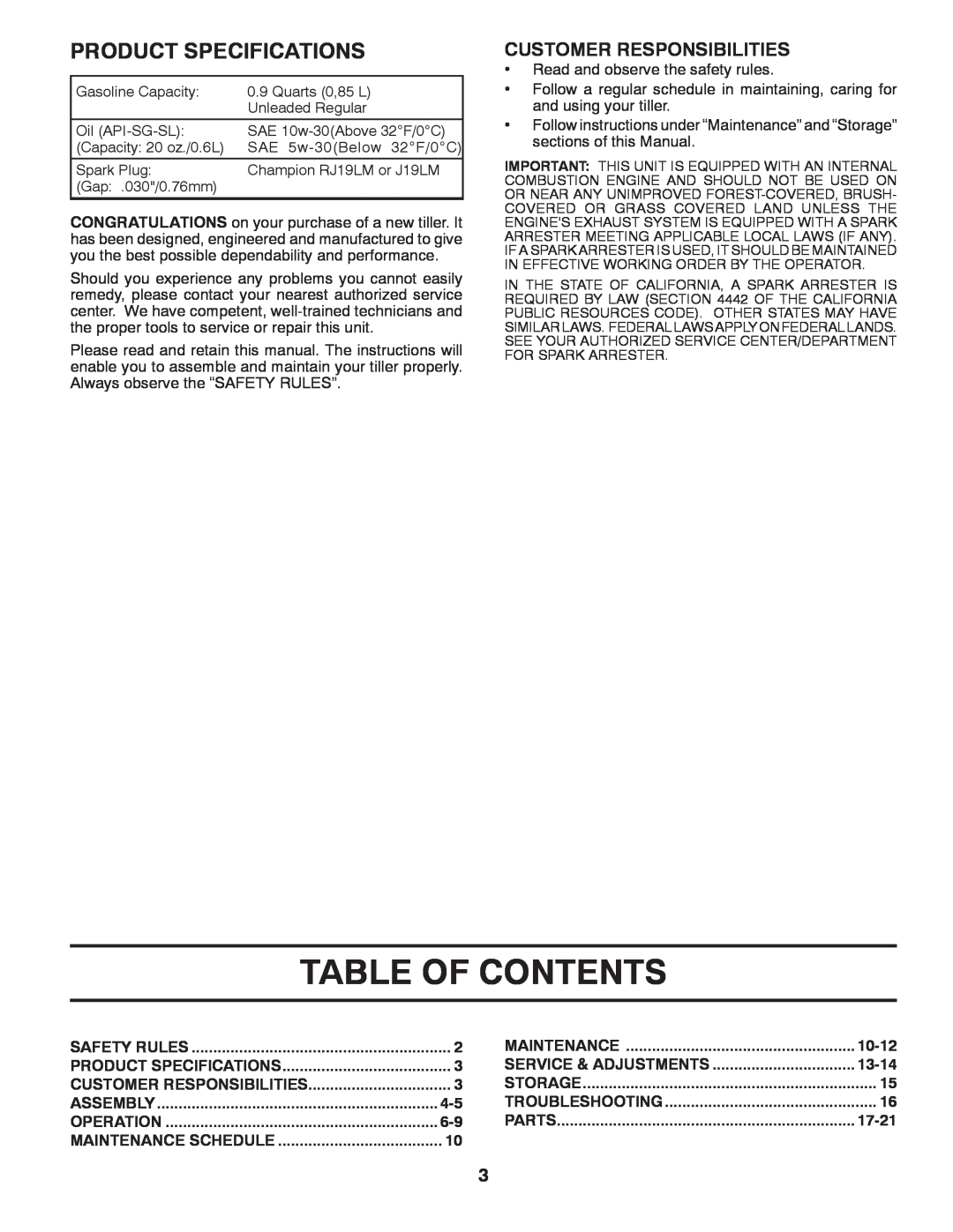 McCulloch 433691, MC550, 96083000300 manual Table Of Contents, Product Specifications, Customer Responsibilities 