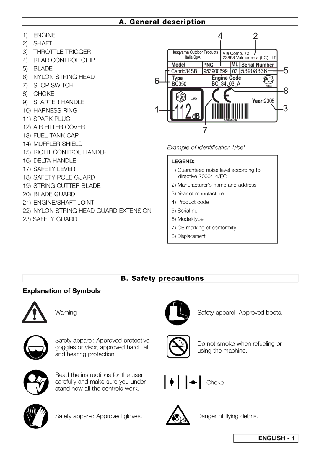 McCulloch 953900751, 497 L, 497 B, 953900755, 953900750, 437 General description, Safety precautions Explanation of Symbols 