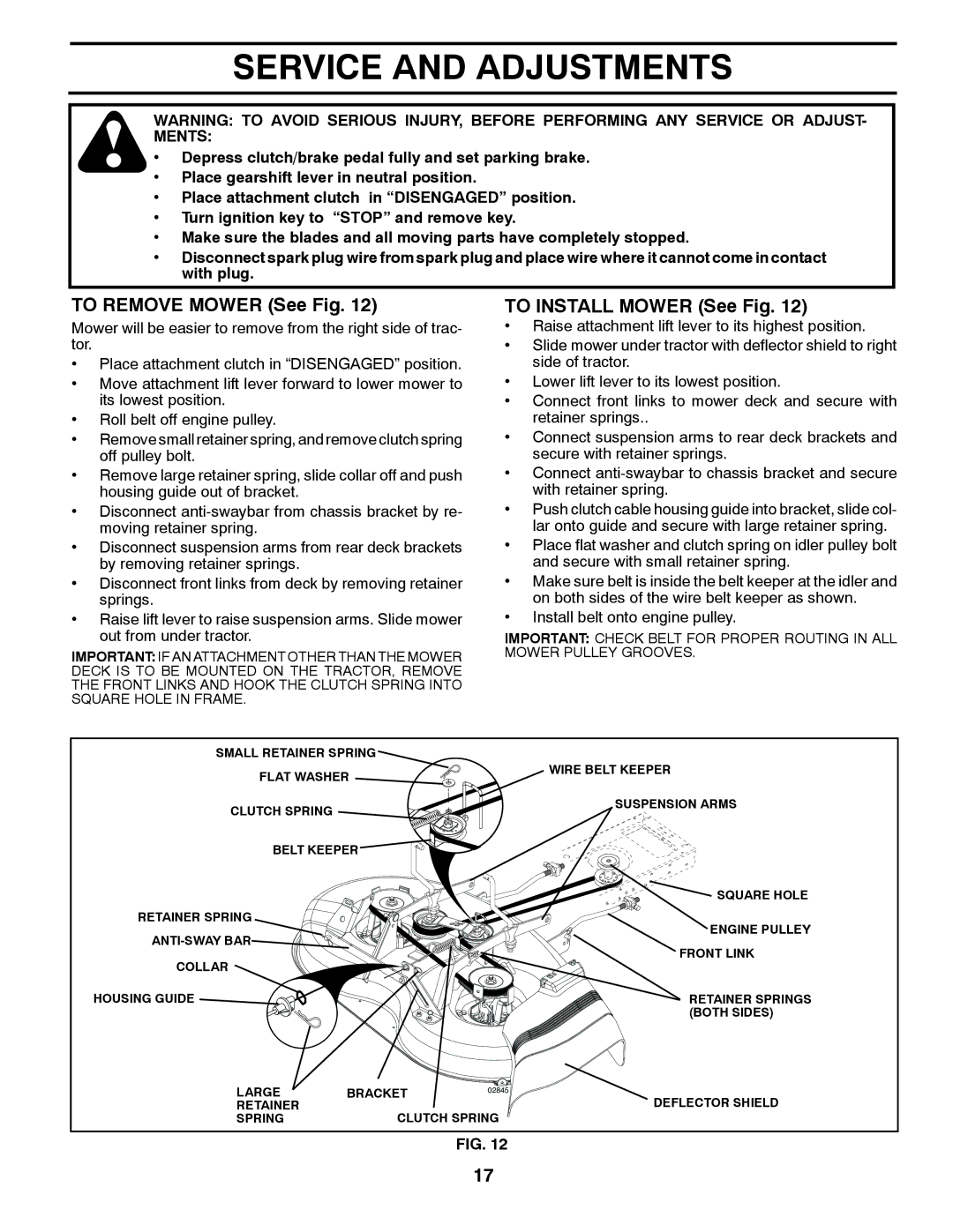 McCulloch 532 40 80-72 manual Service and Adjustments, To Remove Mower See Fig, To Install Mower See Fig 