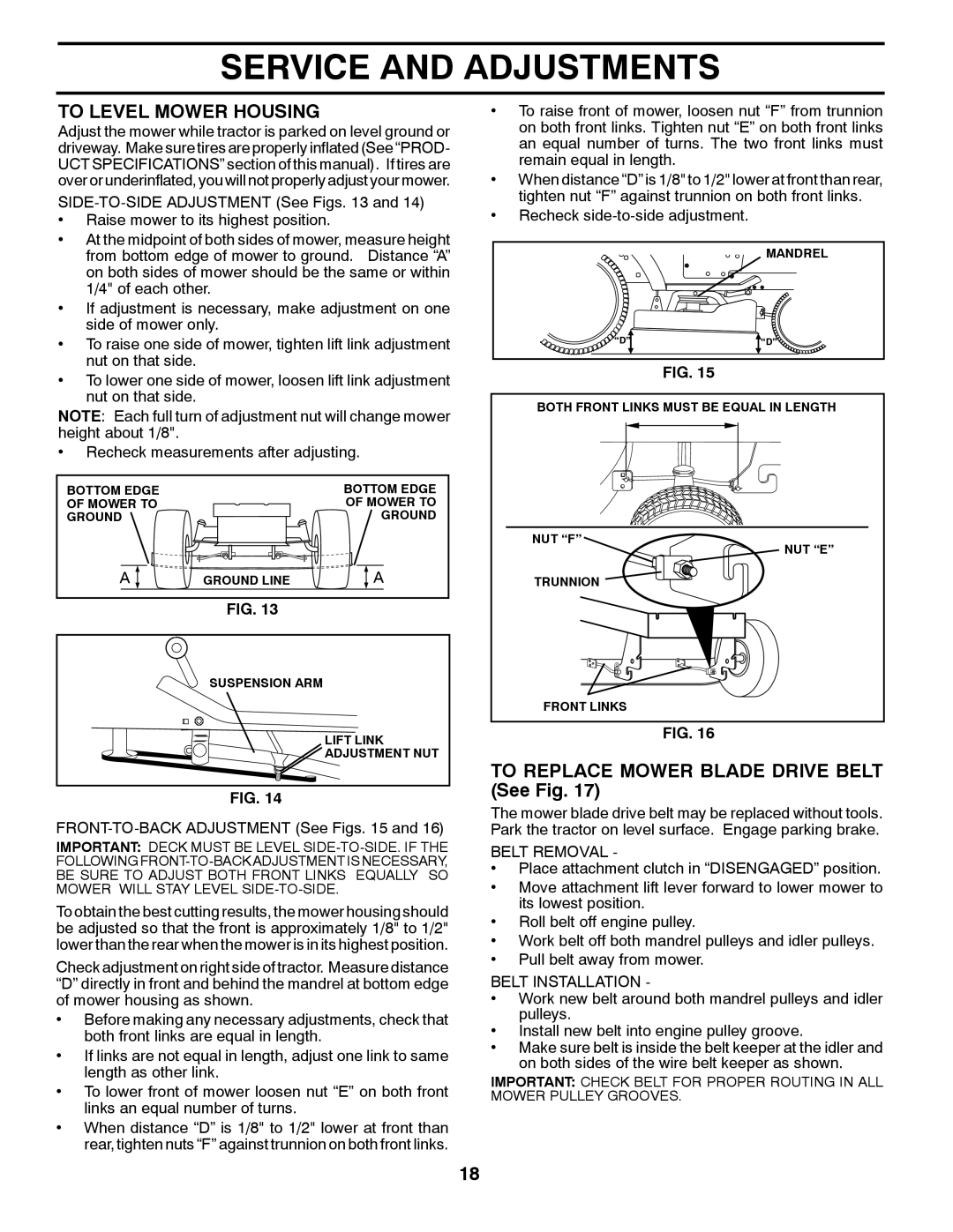 McCulloch 532 40 80-72 To Level Mower Housing, To Replace Mower Blade Drive Belt See Fig, Belt Removal, Belt Installation 