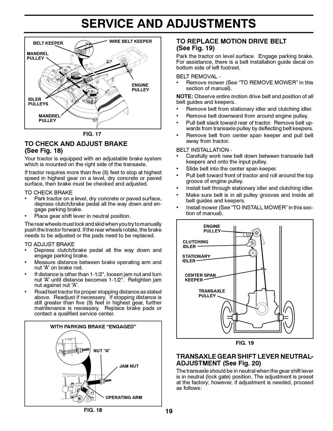 McCulloch 532 40 80-72 manual To Check and Adjust Brake See Fig, To Replace Motion Drive Belt See Fig, To Check Brake 