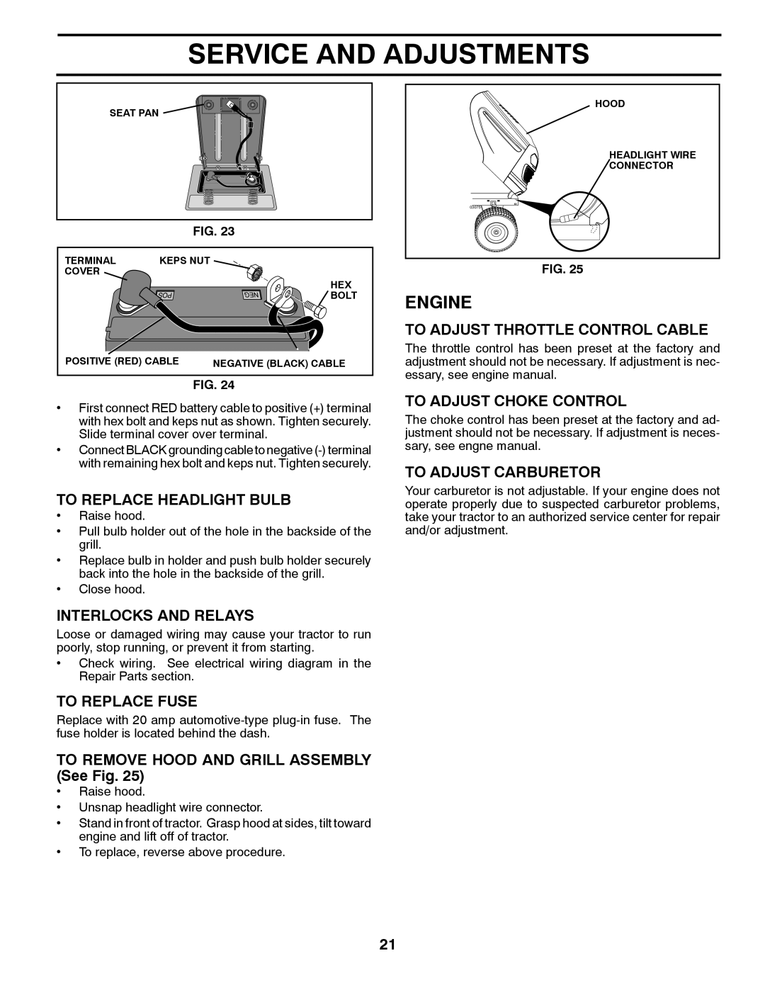 McCulloch 532 40 80-72 To Replace Headlight Bulb, Interlocks and Relays, To Replace Fuse, To Adjust Throttle Control Cable 