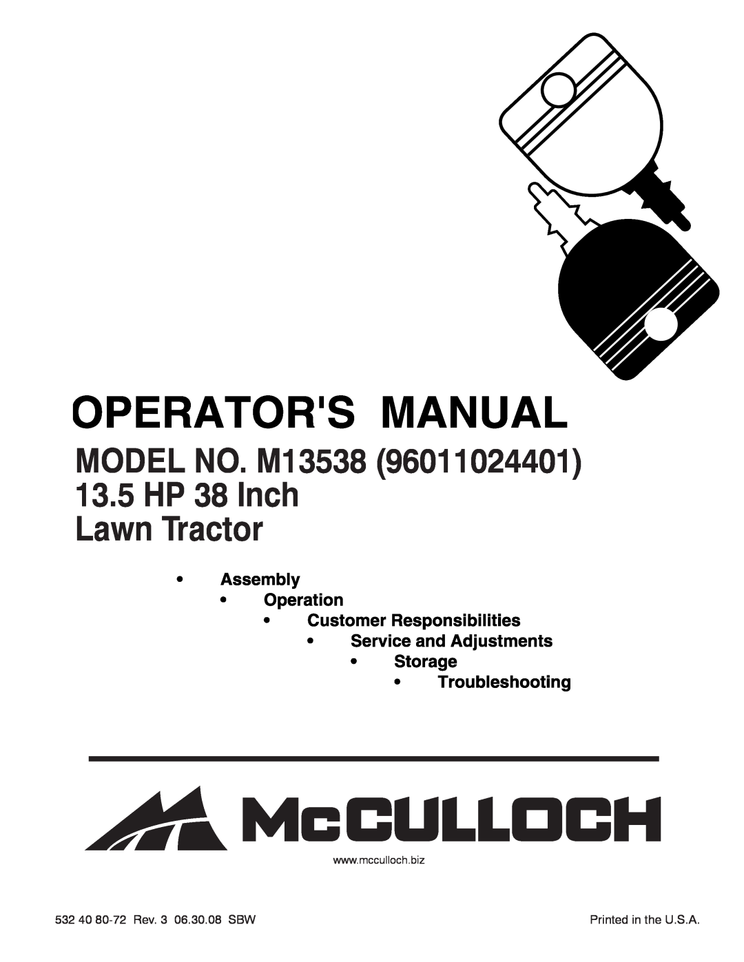 McCulloch manual MODEL NO. M13538 13.5 HP 38 Inch Lawn Tractor, 532 40 80-72 Rev. 3 06.30.08 SBW 