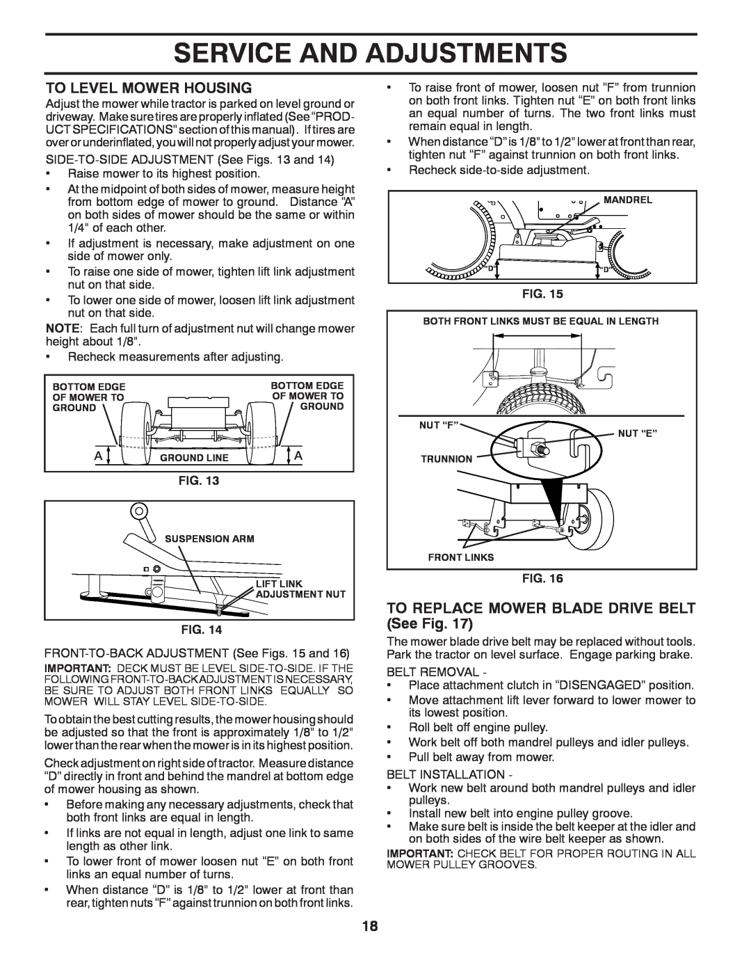 McCulloch 532 40 80-72 manual To Level Mower Housing, TO REPLACE MOWER BLADE DRIVE BELT See Fig, Service And Adjustments 
