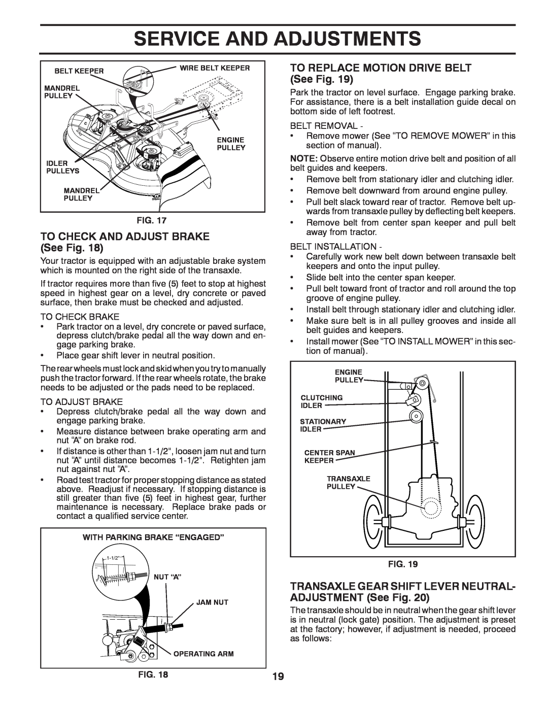 McCulloch 532 40 80-72 TO CHECK AND ADJUST BRAKE See Fig, TO REPLACE MOTION DRIVE BELT See Fig, Service And Adjustments 