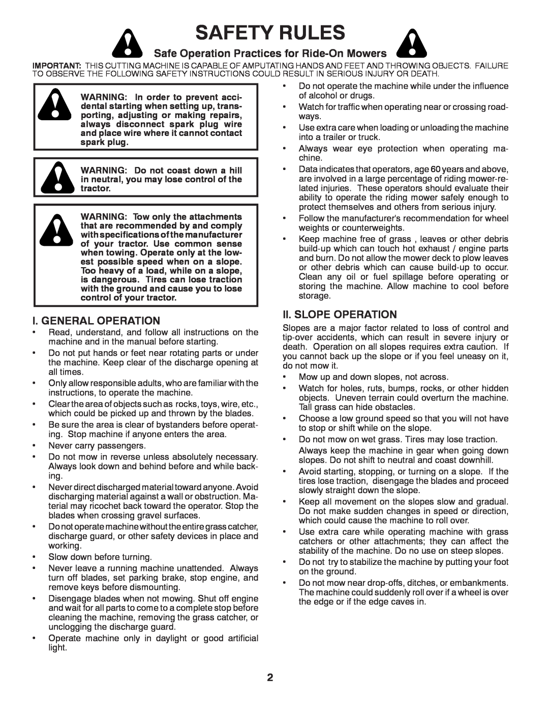 McCulloch 532 40 80-72 manual Safety Rules, Safe Operation Practices for Ride-On Mowers, I. General Operation 