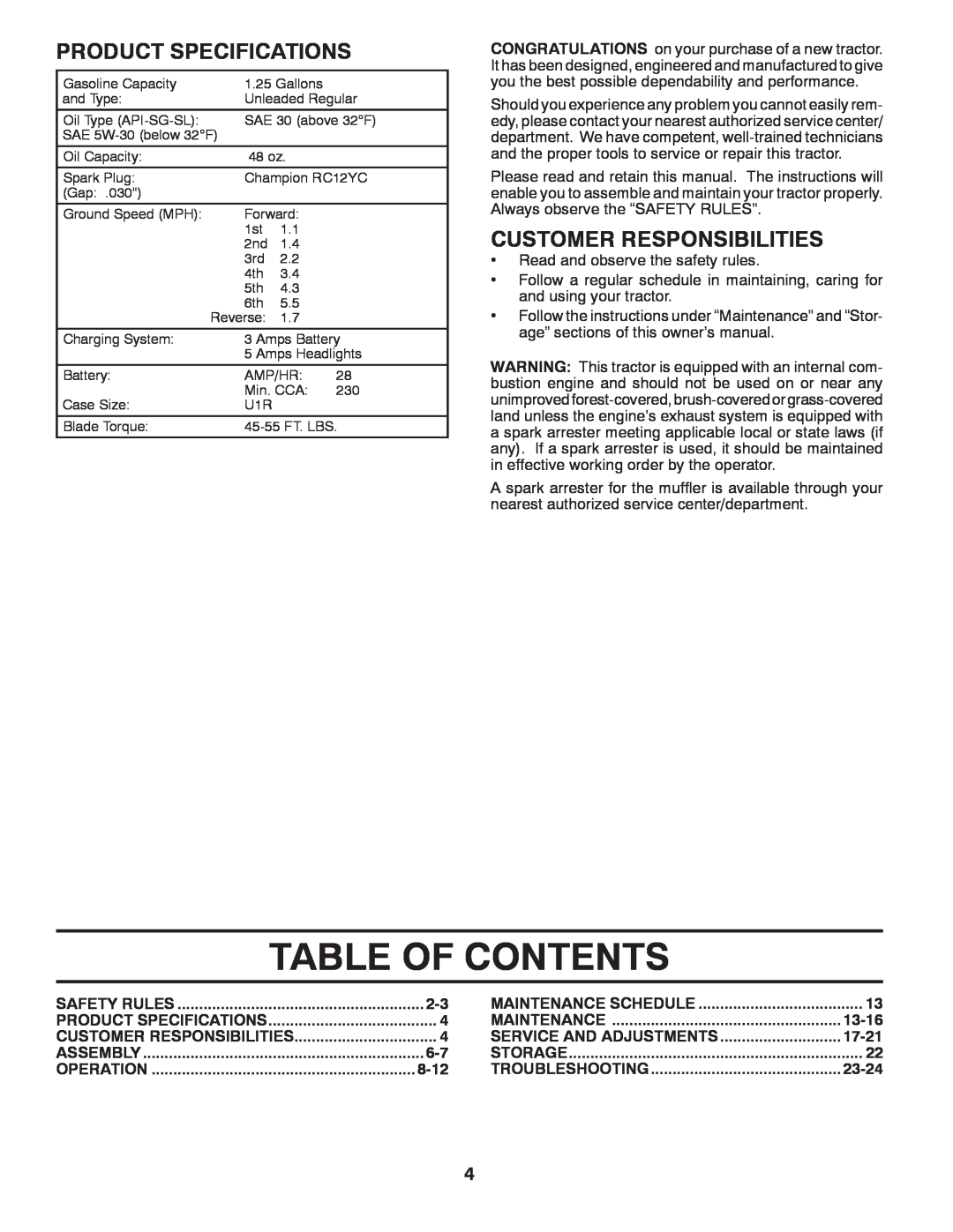 McCulloch 532 40 80-72 manual Table Of Contents, Product Specifications, Customer Responsibilities 