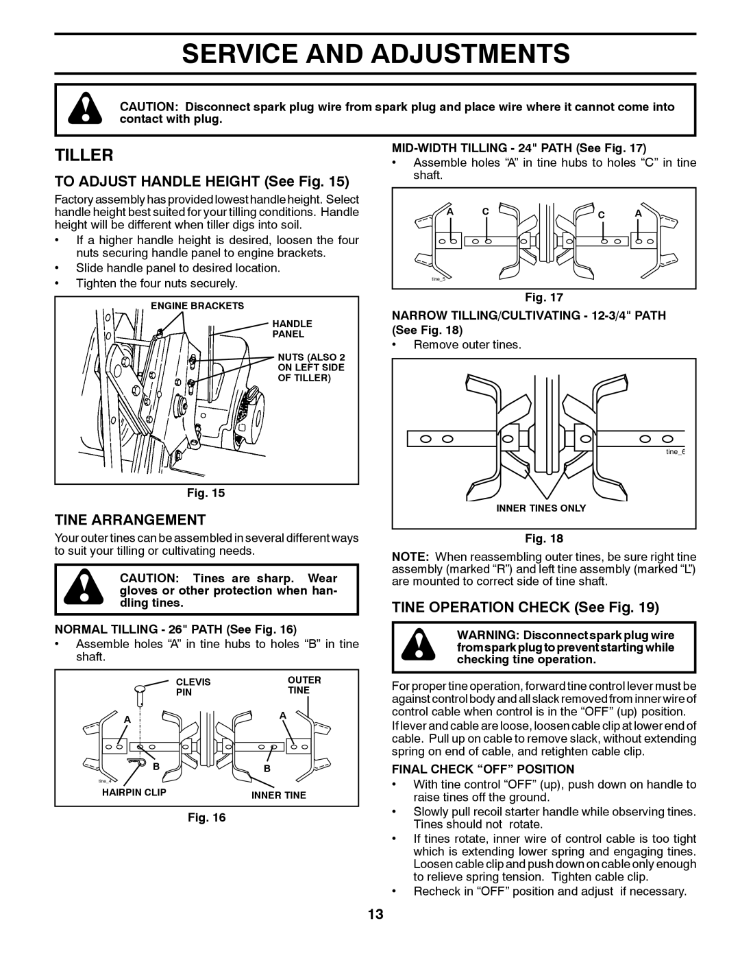 McCulloch 96083000400, 532 43 21-09 Service and Adjustments, Tiller, To Adjust Handle Height See Fig, Tine Arrangement 